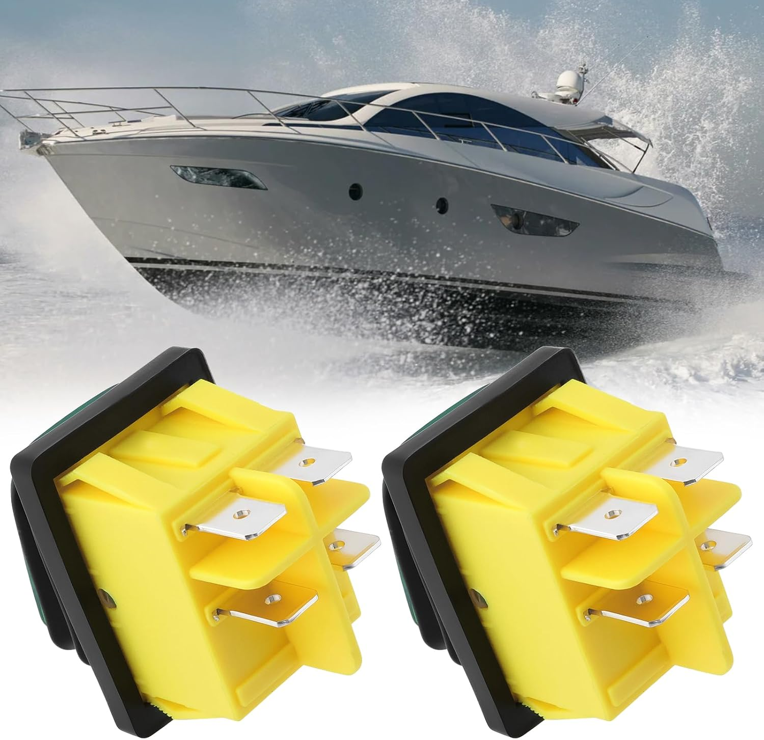 Emagtech 2Pcs 4Pin 250V 30A Green Illuminated Waterproof Power Rocker Switch 30X22Mm for Car and Marine