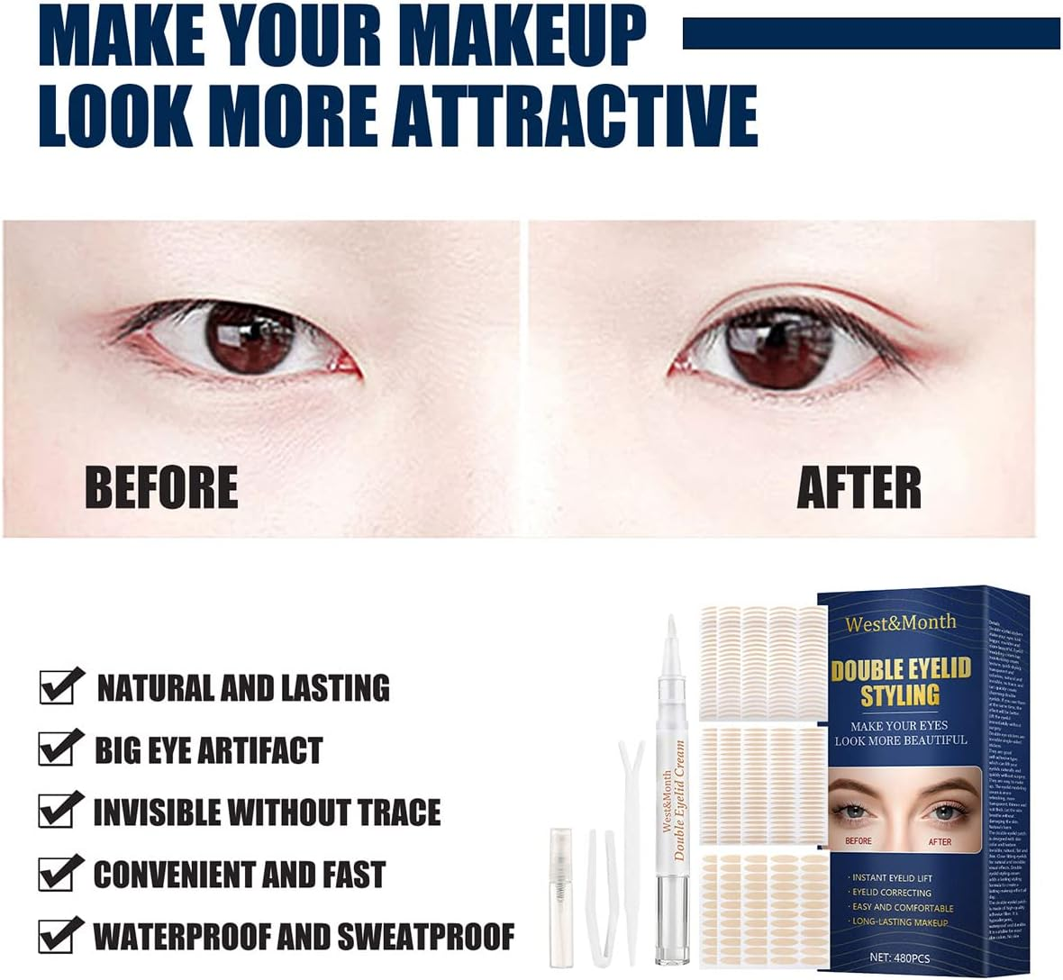 Double Eyelid Tape, Instant Eyelid Lift, Ultra Invisible Double Eyelid Sided Sticky, Eyelid Correcting Strips for Heavy Hooded Droopy Lids, with Eye Cream Tweezers Spray image number 4