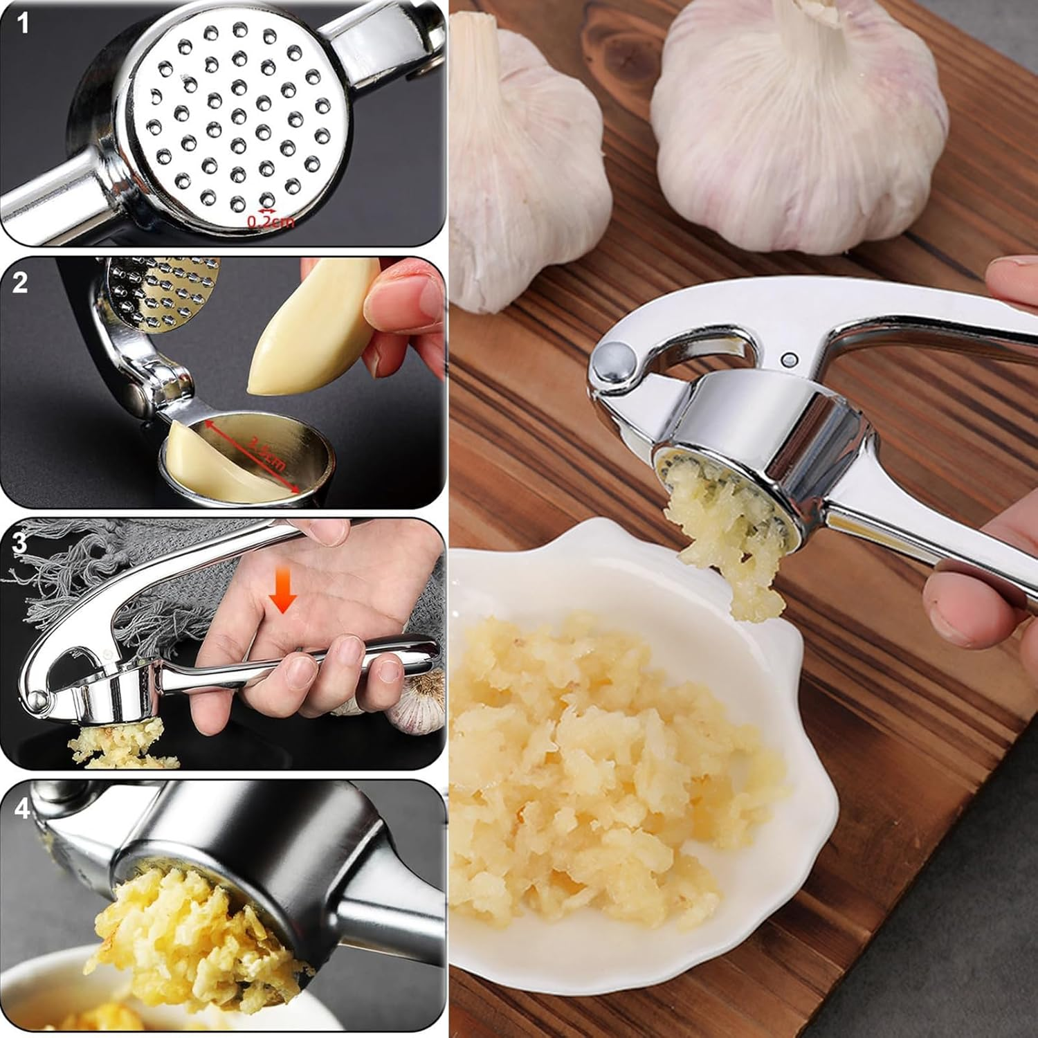 Garlic Press, Garlic Cutter with Garlic Peeler and Cleaning Brush, Garlic Cutter Garlic Press and Dishwasher Safe, Comfortable and Easy to Clean, Zinc, Silver image number 5