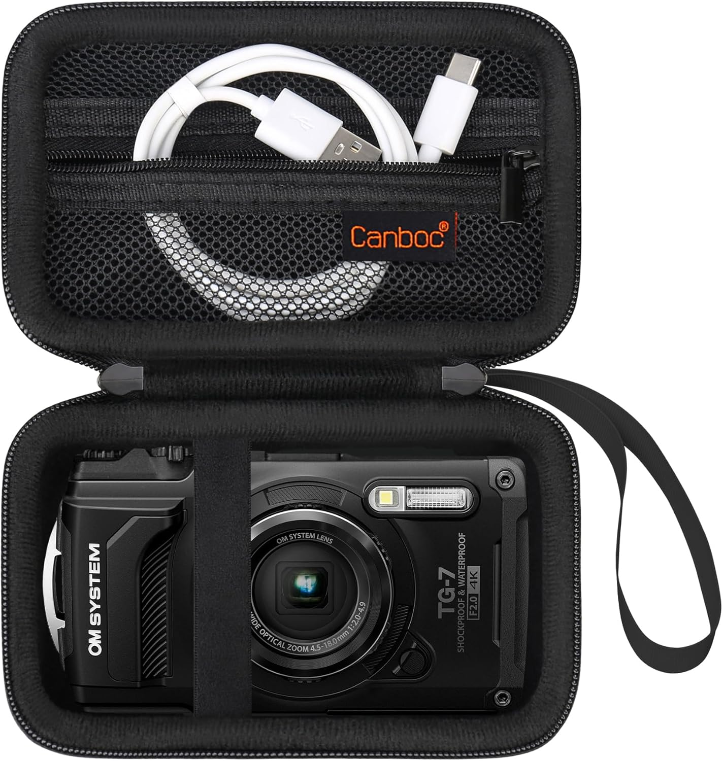 Canboc Carrying Case for OM System Tough TG-7/ OM System Olympus TG-6 Underwater Camera, Waterproof Camera Bag, Zipper Mesh Pocket Fits USB Cable, Batteries, Black(Case Only)
