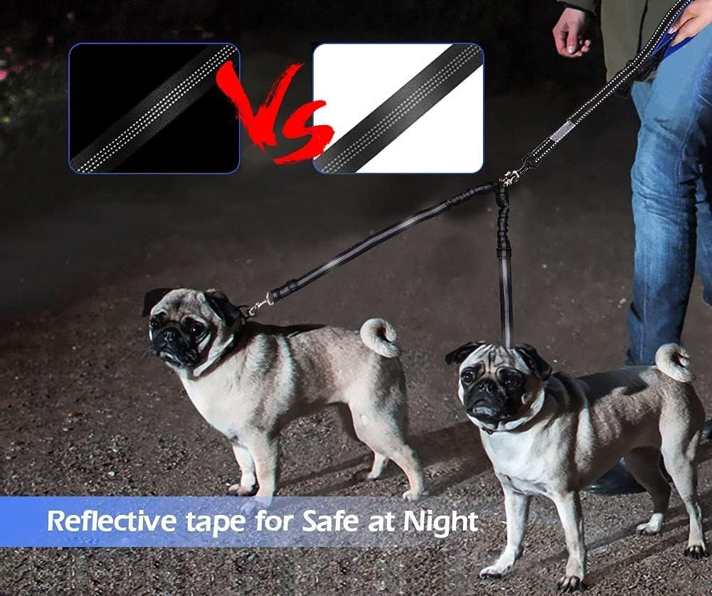 Double Dog Lead Coupler, No Tangle 360&deg;Swivel Rotation Two 2 Dog Lead Splitter, Heavy Duty Adjustable Bungee Reflective Dual Dog Leash for Walking Medium Large Dog (Black-Small) - Black image number 5