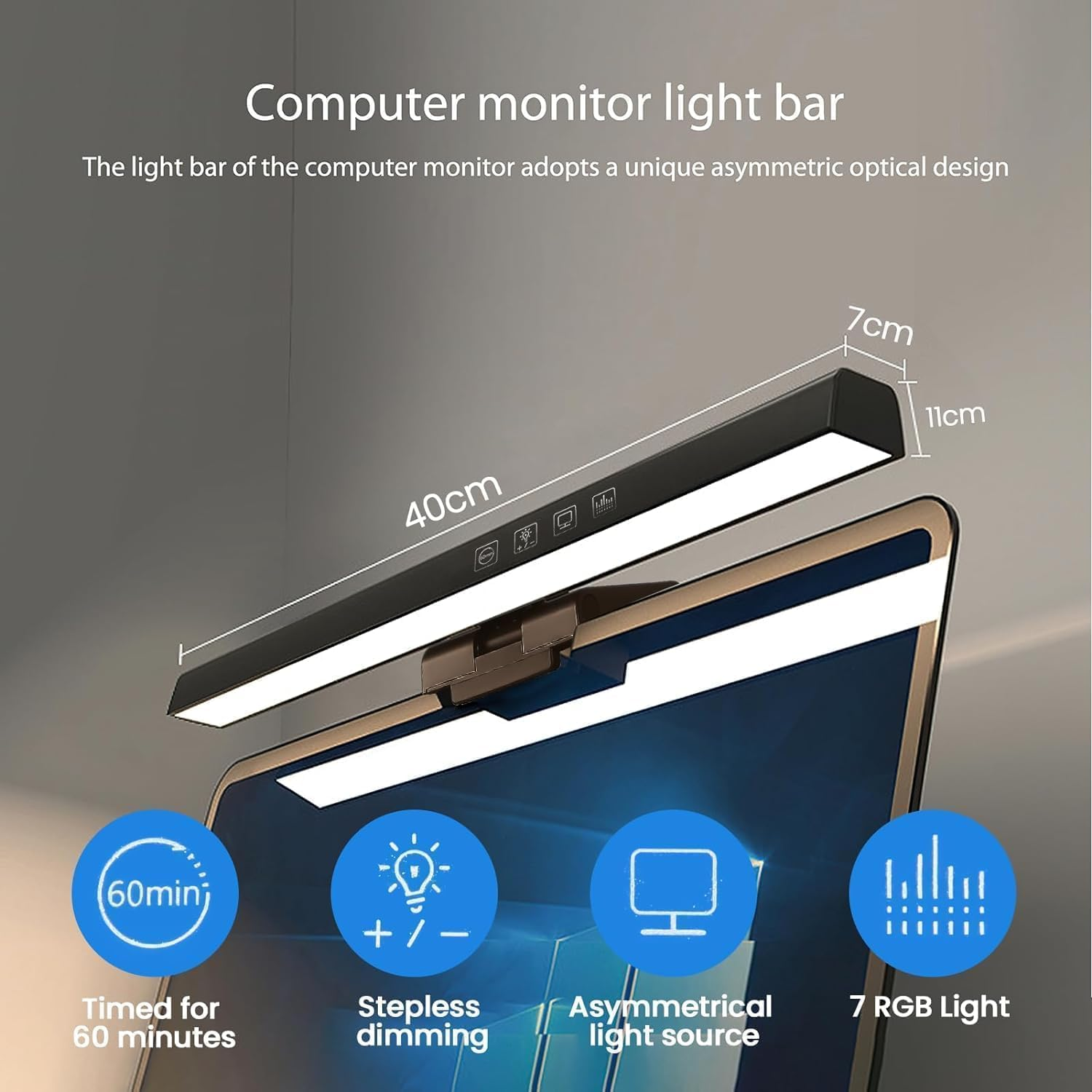 MUSOLA Flat Monitor Light Bar with RGB Backlight & 60-Min Timer, 3000-6000K Stepless Dimming, 0.3-0.8" Clamp for Office/Gaming, USB-C Eye Care Desk Lamp (Touch Control/Blue Light Filter)