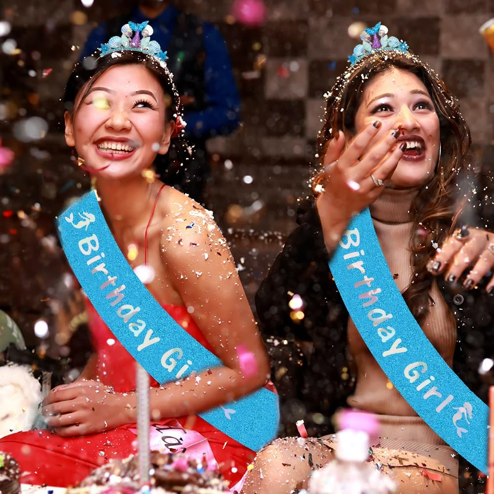 AOPRIE Birthday Girl Sash for Women Girls Mermaid Birthday Headbands Birthday Tiara & Crowns for Girls Happy Birthday Accessories Favor Supllies Blue, 2 Pack - Pink image number 2