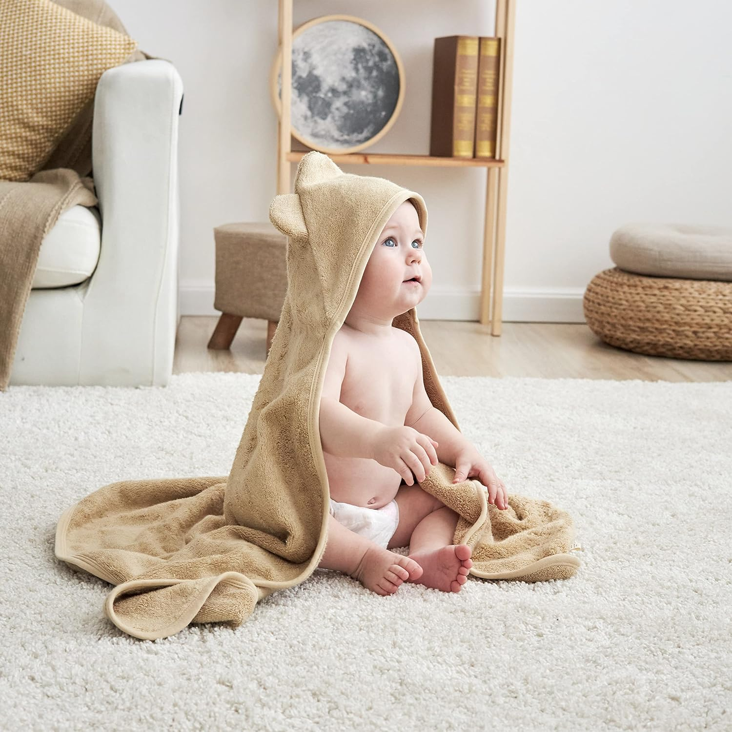 Munich Blue Hooded Bath Towel for Newborn and Toddler Girls and Boys - Soft and Cozy Baby Towel with Cute Bear Ears (Oat Color, 600GSM, 90X90Cm) - Ginger Red image number 5