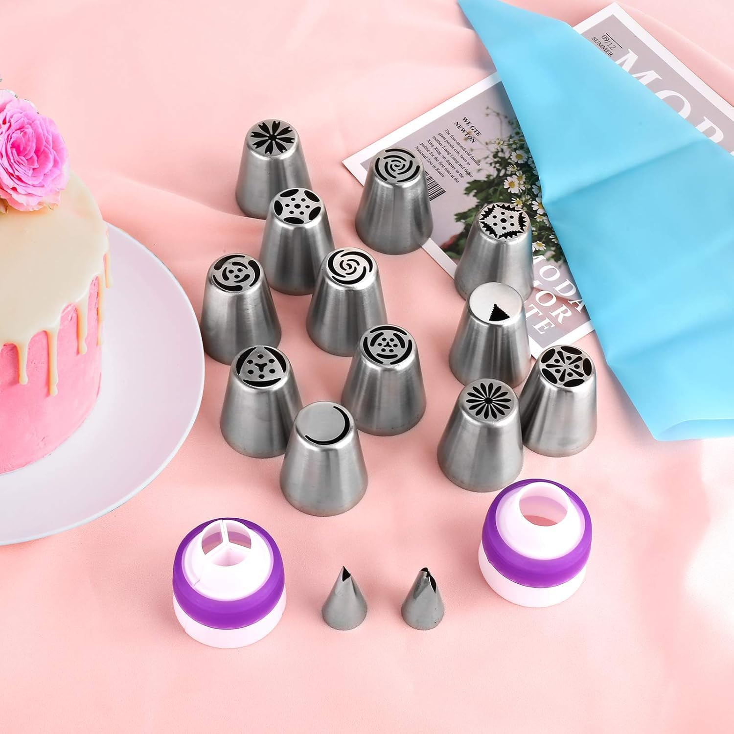 47 Pcs Russian Piping Tips Set, 12 Flower Frosting Nozzles Icing Tips for Cake Decorating Tips Kit, Baking Supplies for Cookie Cupcake, 2 Leaf Piping Tips 2 Couplers 30 Pastry Baking Bags