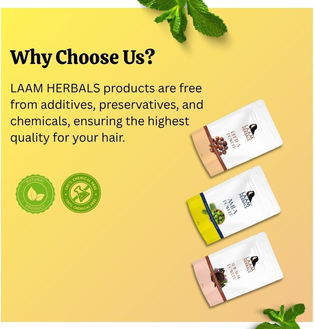 Laam Amla, Reetha, Shikakai Powder | Controls Fall, Hair Greying, Dandruff, Treats Damaged Hair & Scalp | Results in One Wash | Long, Strong & Natural Hair (3X80 G) image number 3