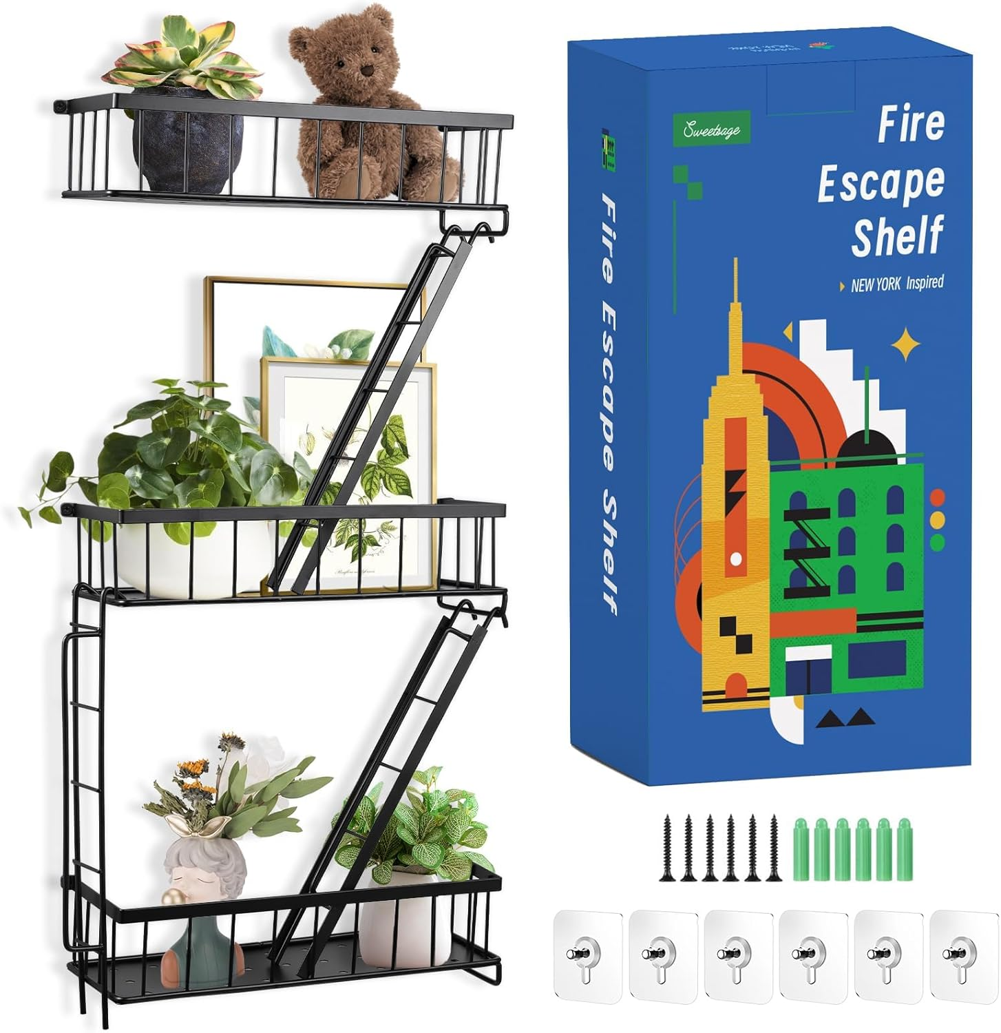 Fire Escape Wall Shelf - New York Decorative Ladder Shelf, Wall Art Floating Shelf Black Metal Shelves for Bedroom, Home Office Storage and Display (3-Tier) image number 2