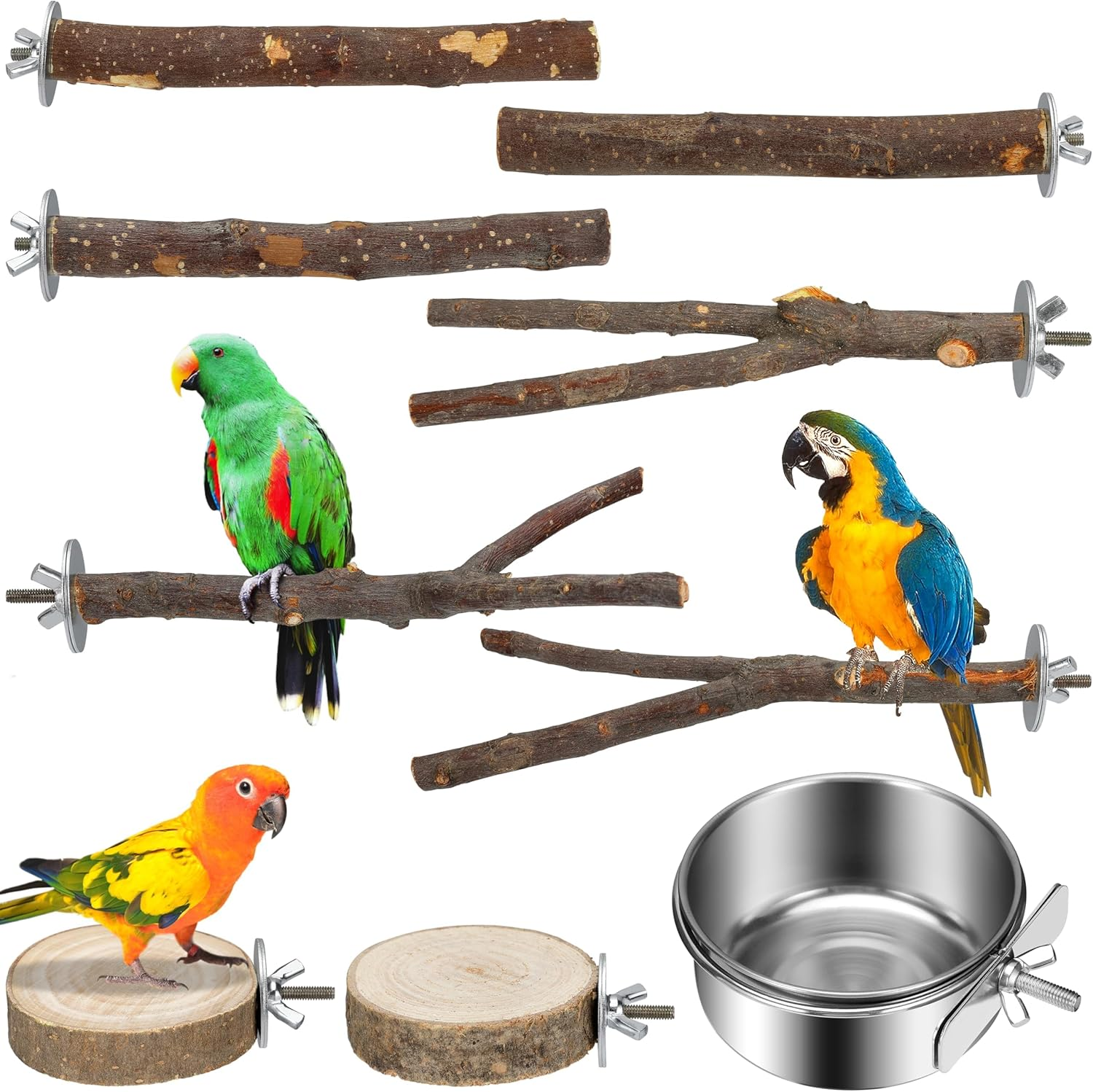 Bird Perches 9 Pack, Parakeet Toys Wooden Parrot Stand Branch, Bird Cage Accessories with Bird Feeding Cup, Bird Toys for Cockatiels Small Birds image number 5