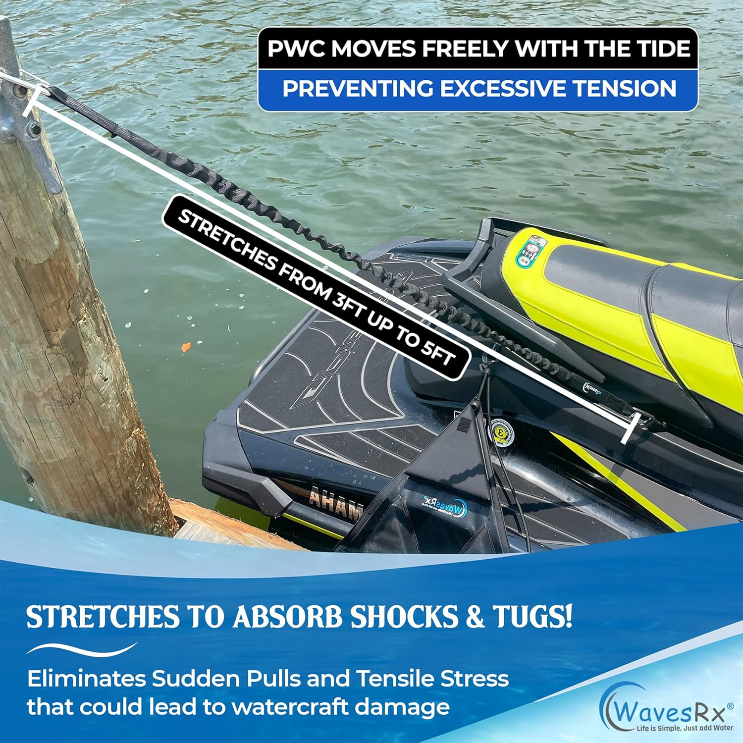 Wavesrx Dockingpal - Premium Bungee Dock Line 3 Ft (2PK) | Elastic Docking Rope with Stainless Steel Carabiners Stretches from 3' to 5' | Absorbs Shocks & Tugs Preventing Damage to Your Jet Ski & PWC - Lagoon Blue image number 5