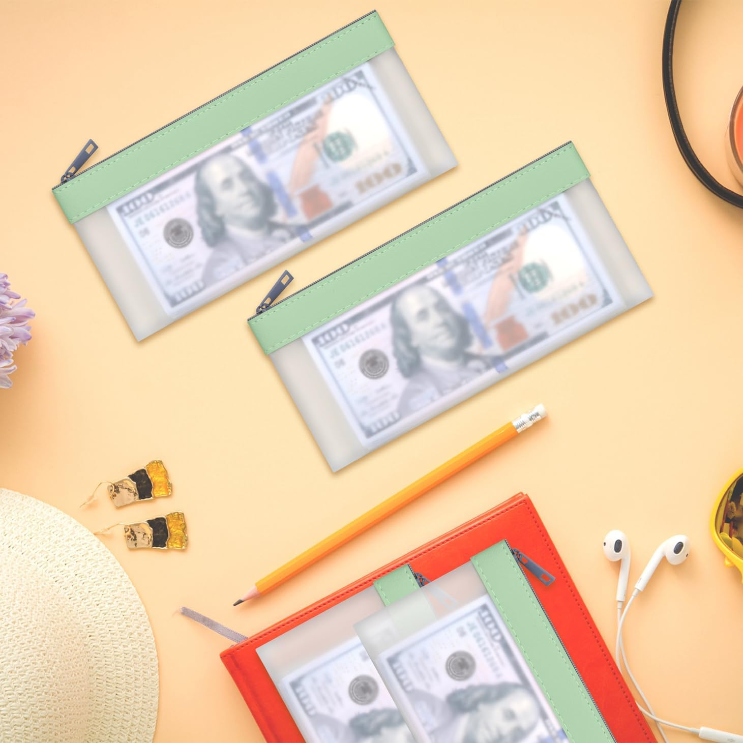 4 Pieces Money Bags with Zipper, Cash Envelopes,7.6 X 3.7 Inch Money Pouch, Clear Bank Deposit Bags, Bank Bag, Cash Bag, Coin Bag for Collectors, Multi-Purpose Check Wallet with 4 Colors, Green, 7.6 X - 8 Colours image number 4