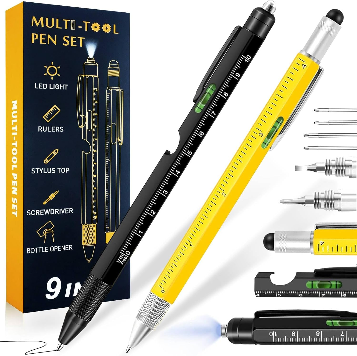 2Pcs Gifts for Men, 9 in 1 Multitool Pen Set - Cool Gadgets for Fathers, Husband, Boyfriend, Grandpa on Christmas Birthday Gifts, Multi Tool Ballpoint Pen Stocking Stuffers for Him Teens (Black-Black)