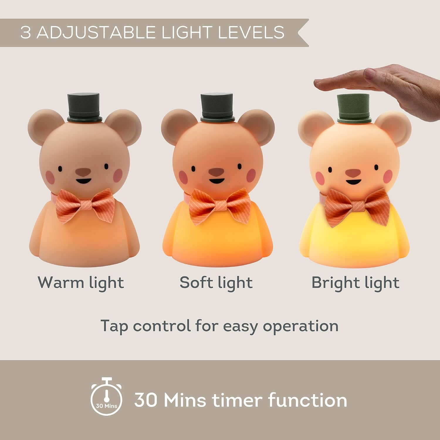Taf Toys Little Bear Night Light for Kids &ndash; Adjustable Brightness with Timer, USB Rechargeable, Baby-Safe Silicone Lamp &ndash; Soft Glow Sleep Aid for Nursery, Toddler Room, Travel