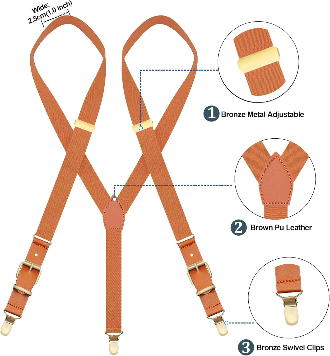 MENDENG Adjustable Suspenders for Men Bronze Metal Clips Braces with Leather - Brown Leather/Coffee image number 3