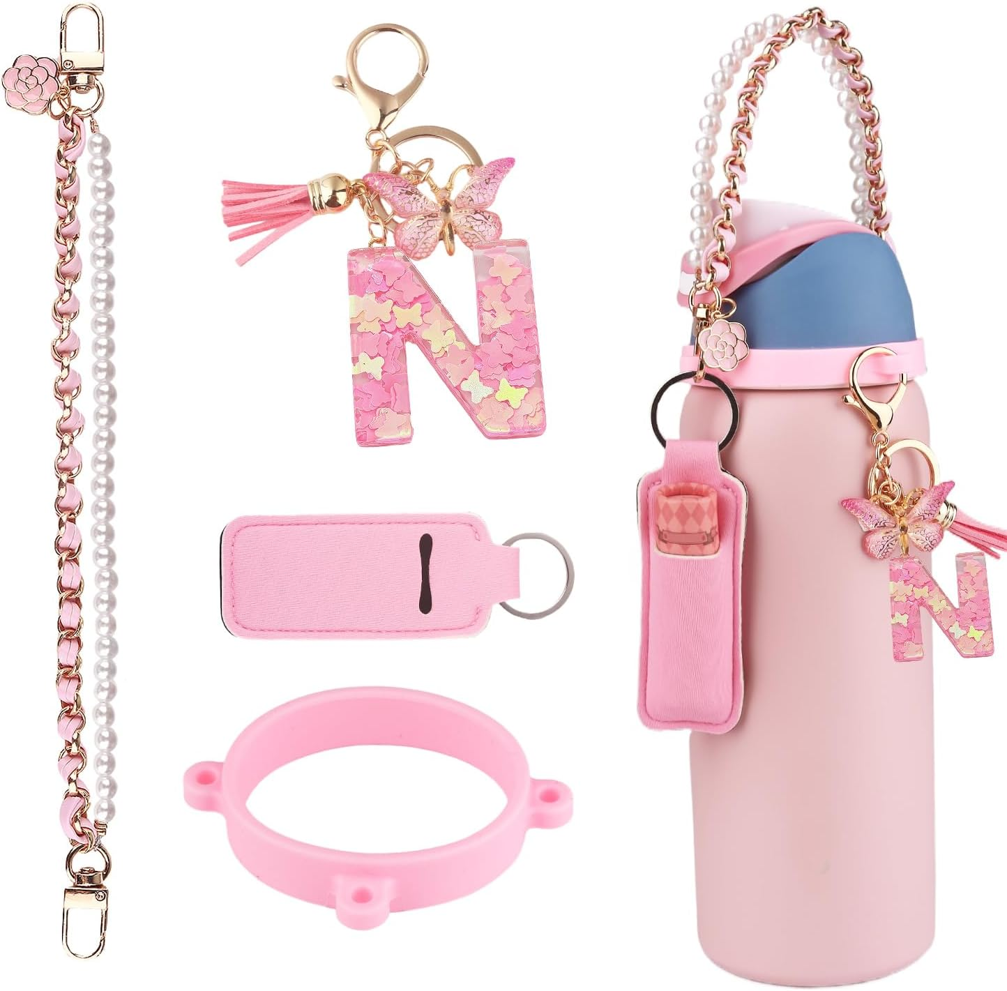 Letter Accessories for Owala Water Bottle 24/32/40Oz,Initial Charm、Lipstick Holder and Handle Strap for Owala Accessories and Stanley Cup Accessories(Pink, R)