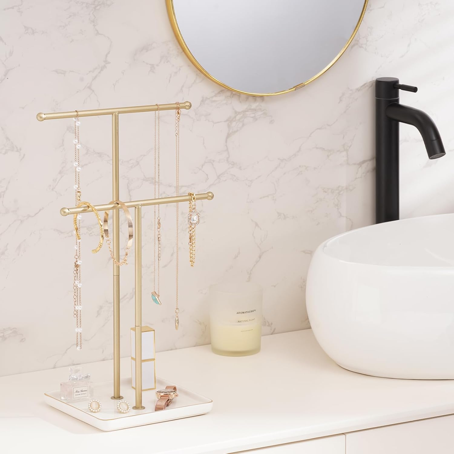 Lolalet Necklace Holder, Jewelry Display Stand with Ceramic Base Tray Jewelry Organizer Tree for Necklaces Bracelets Earrings Rings -White, 2 Tiers - Black image number 2