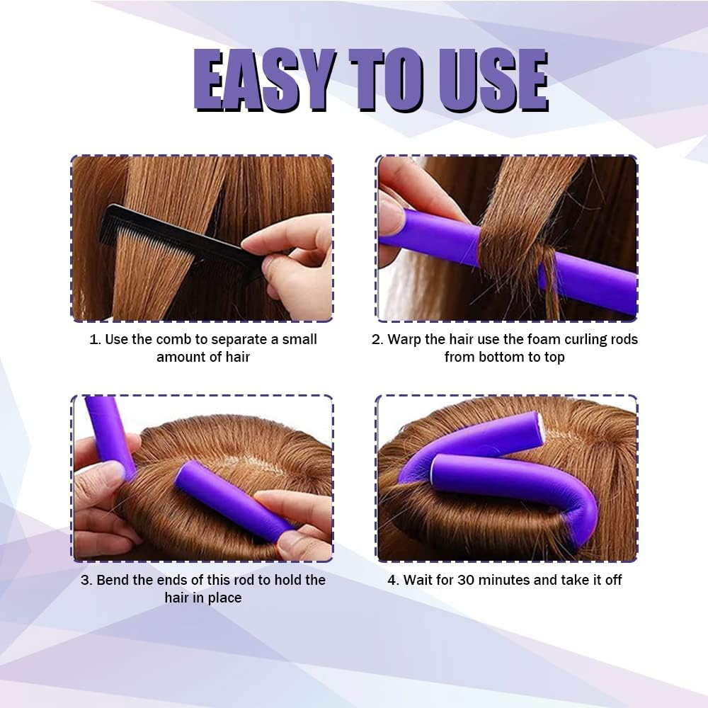 Pack of 30 Curls without Heat Curlers, Flexible Hair Curler Twist Foam Hair Rollers, Purple Perm Hair Curls Curlers Overnight Hair Rollers for Women Girls Long Short Hair image number 6