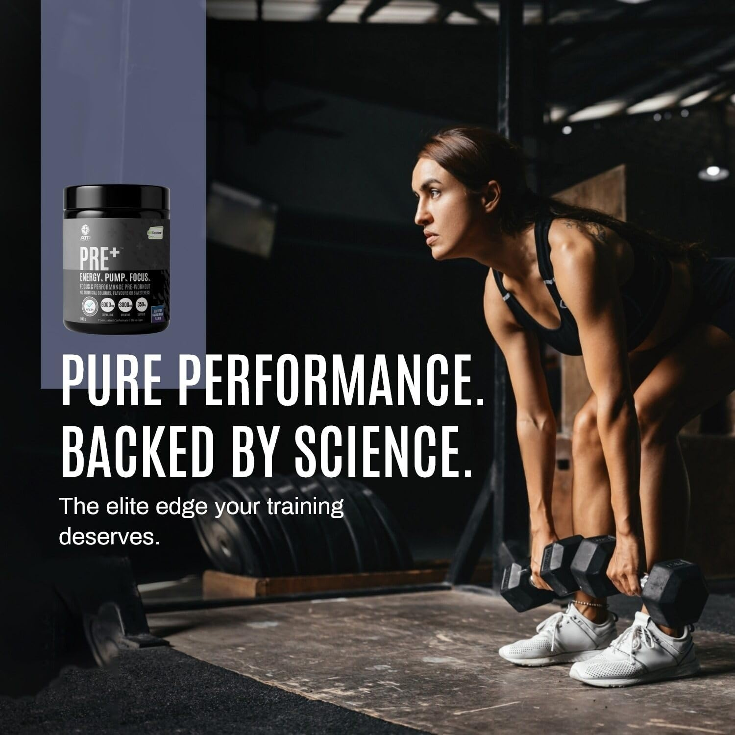 ATP Science Pre plus Preworkout Powder, Infused with Creapure Creatine Monohydrate, Caffeine Anhydrous, L-Citrulline Malate, No Artificial Colours and Flavours, Flavour - Blueberry Blackcurrant, 500G image number 4