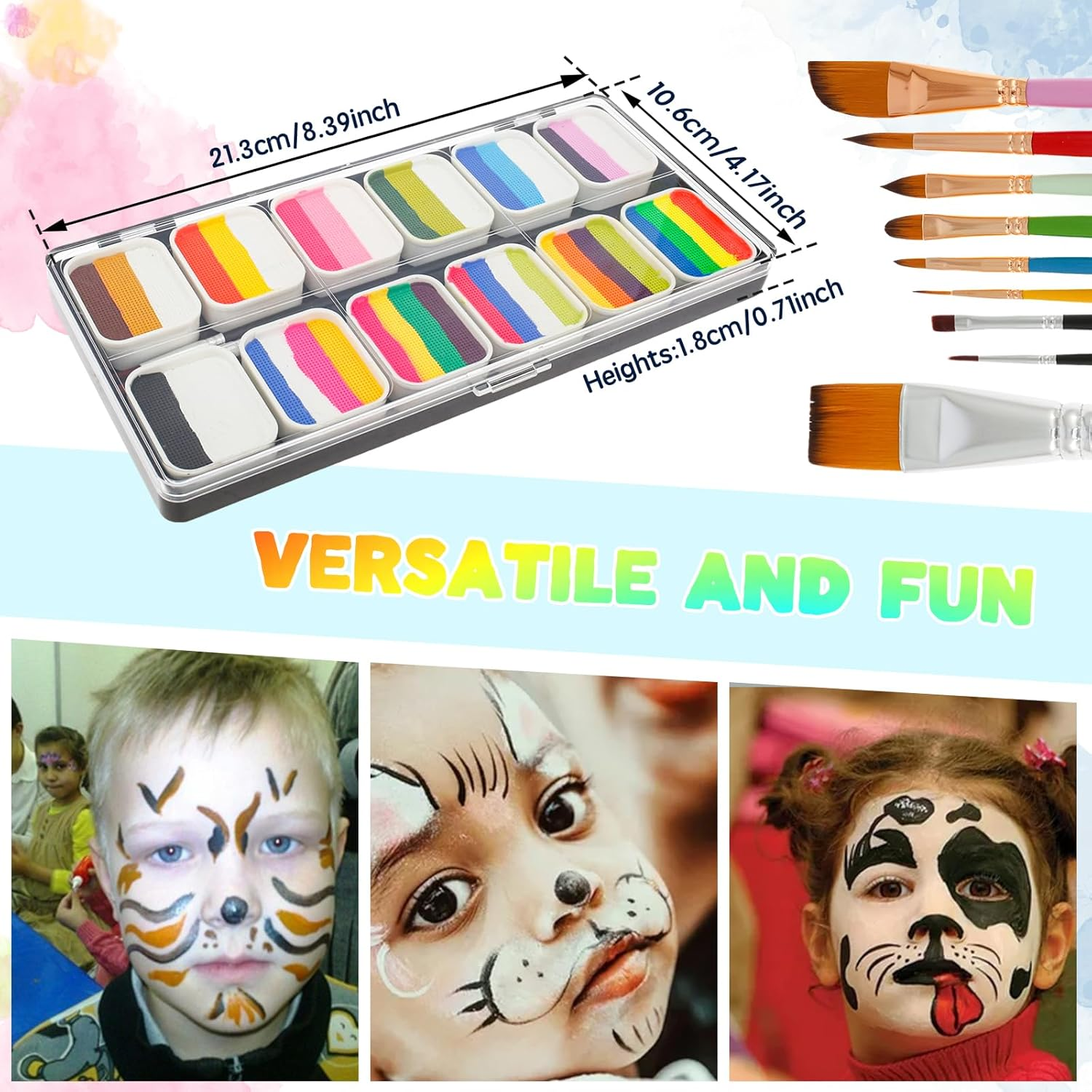 Face Painting Kit for Kids, Multi-Colour Washable Non-Toxic Face Body Paint Set with 7 Brushes,Stencils,Finger Cap,Sponge, Water Based Professional Body Art Face Makeup Palette for Party Cosplay image number 3