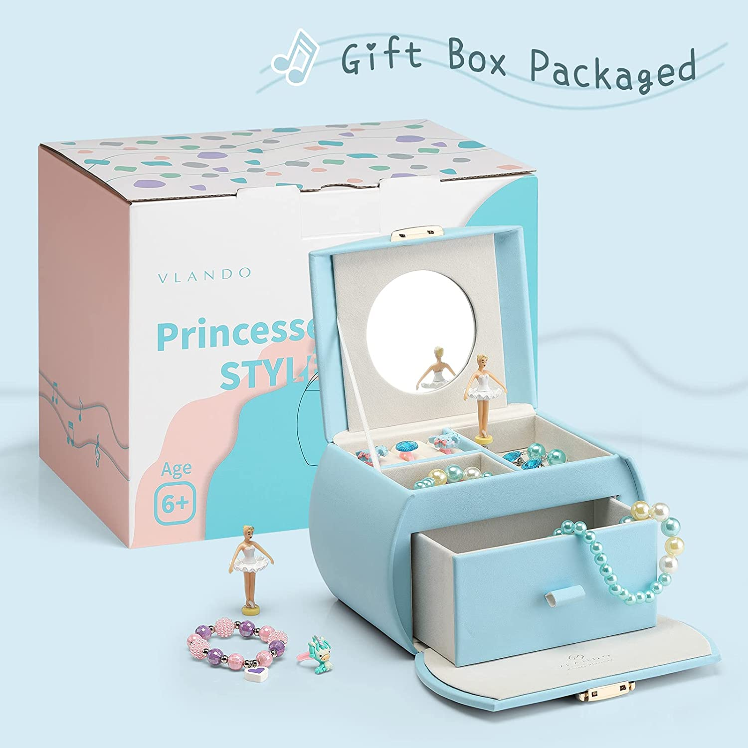 Vlando Musical Jewelry Box for Girls Kids with Drawer, Music Box with Ballerina and Stickers for Birthday Bedroom Decor, Blue - Blue image number 5