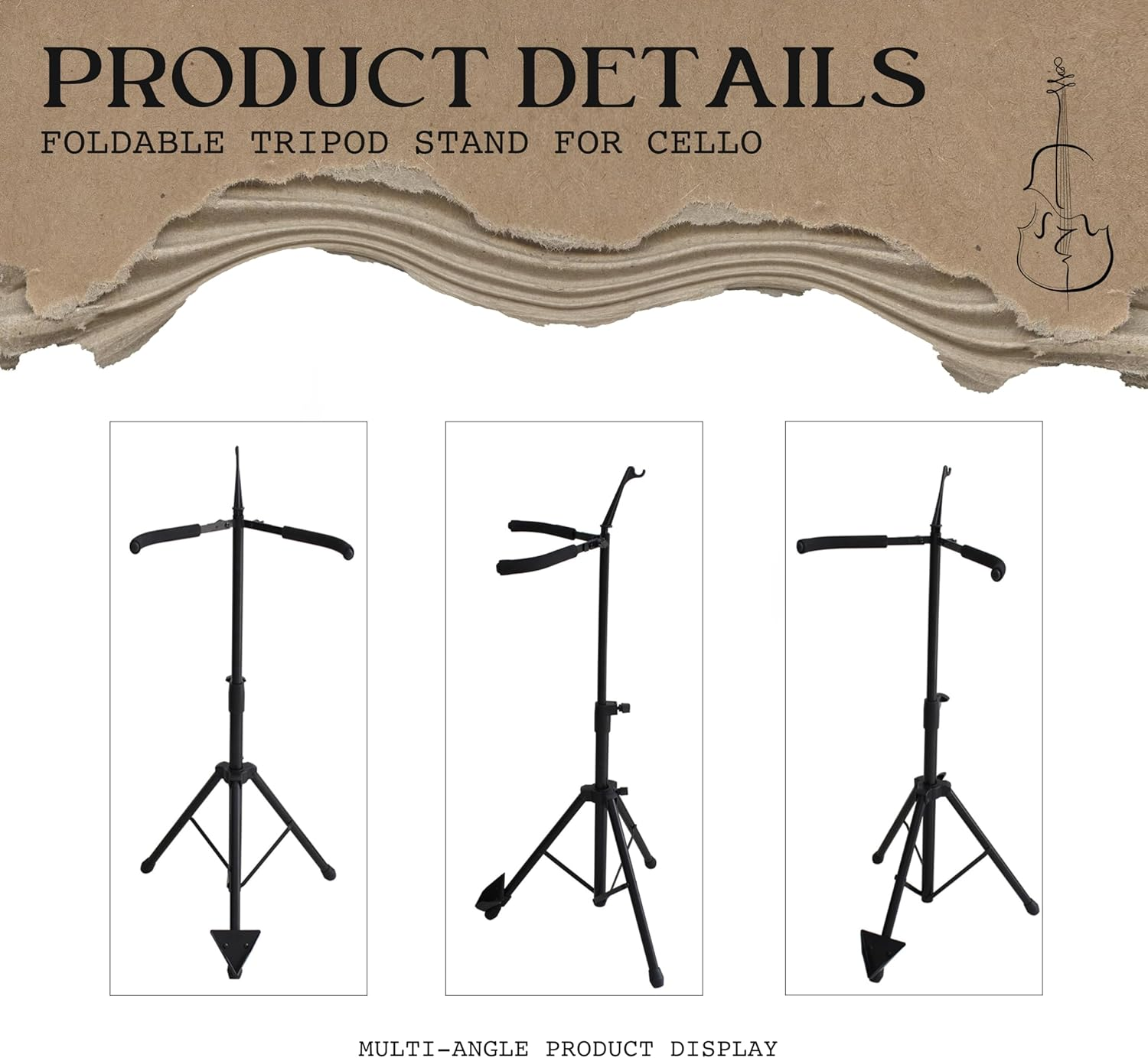 WHELPAW Adjustable Cello Stand with Bow Holder - Secure & Sturdy Support for All Cello Sizes - Easy Fold Design - Premium Materials & Non-Slip Feet image number 3