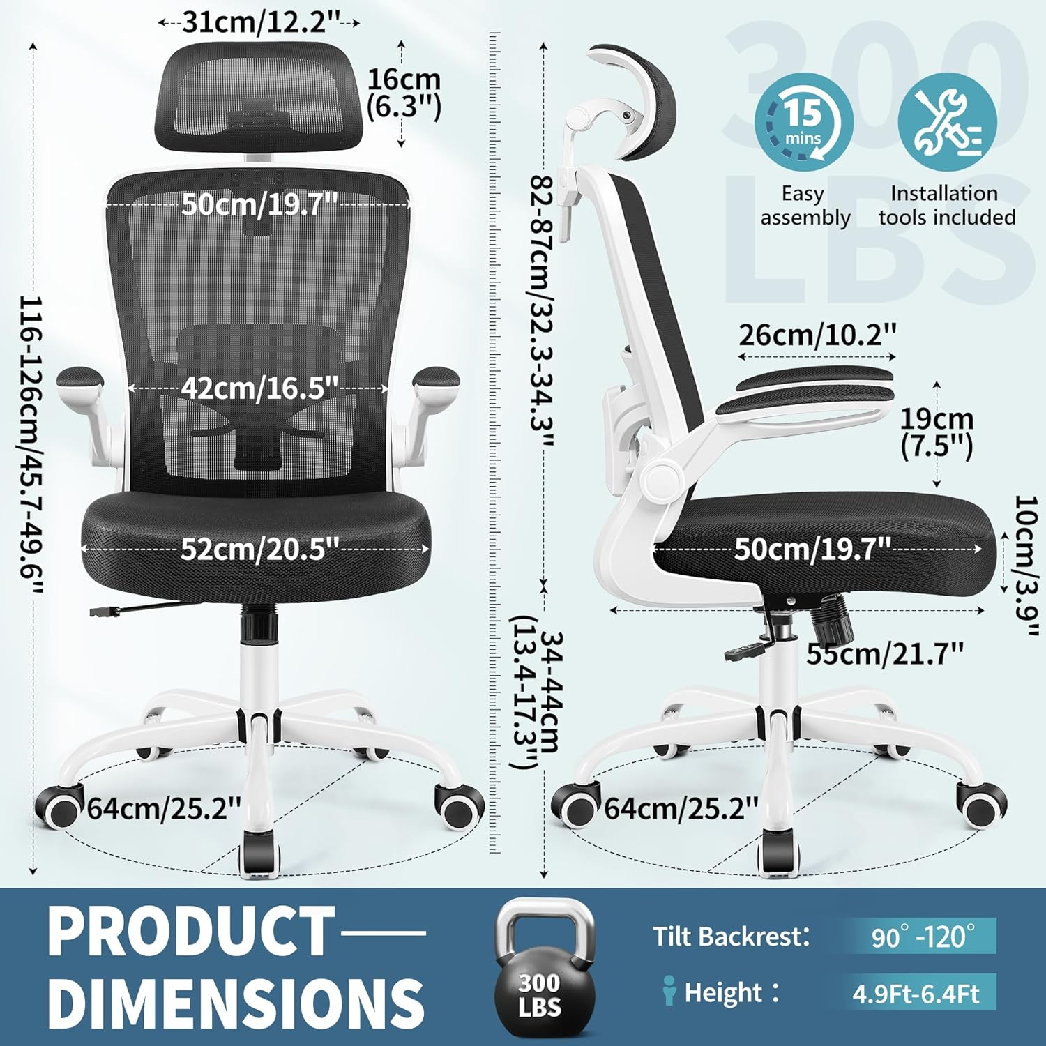 Felixking Ergonomic Office Chair, Headrest Desk Chair Office Chair with Adjustable Lumbar Support, Home Office Swivel Task Chair with High Back and Armrest (White) - Gray image number 5