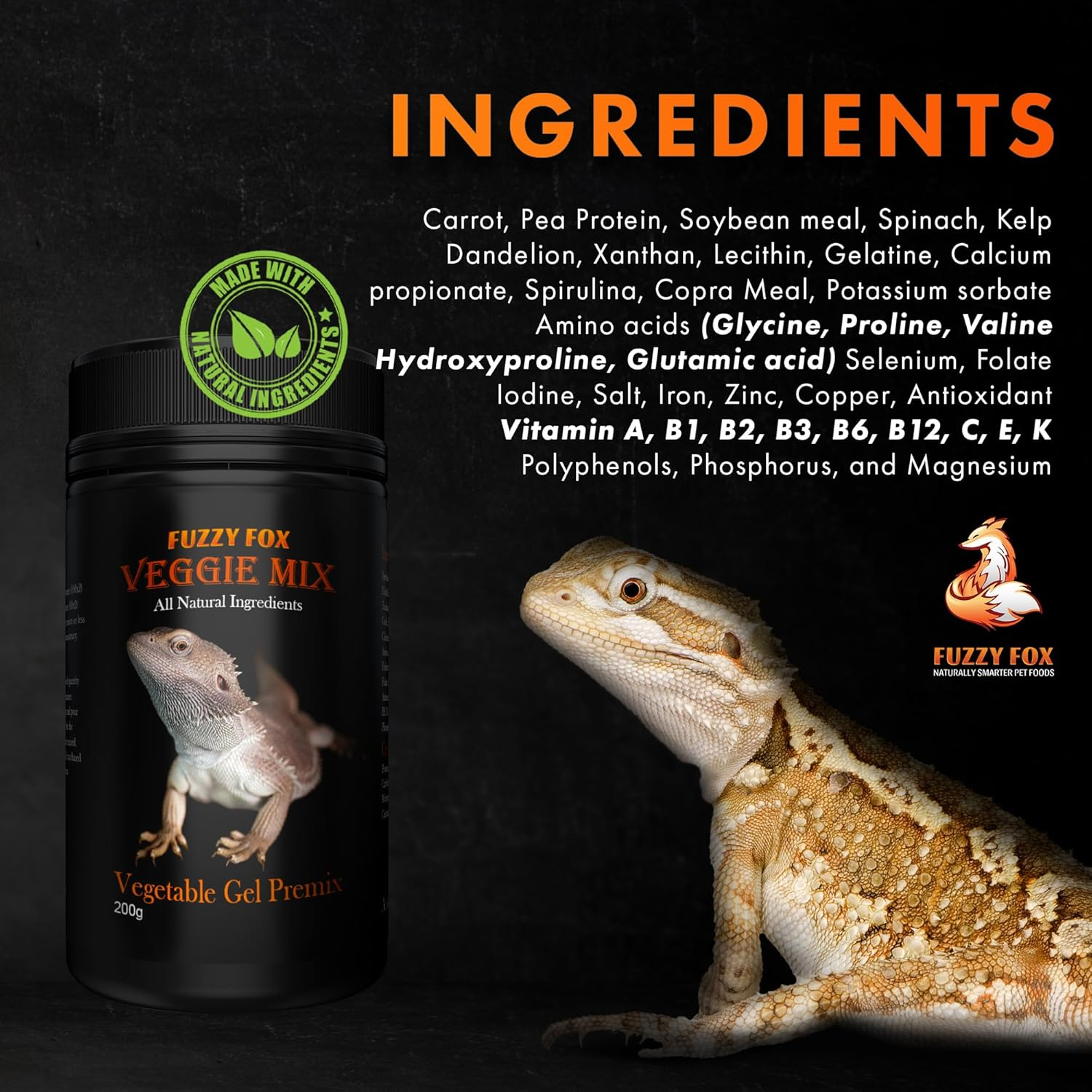 Fuzzy Fox Veggie Mix, Vegetable Gel Premix Reptile Food with All-Natural Ingredients, Reptile Food with Balanced Vitamins and Minerals, 65G