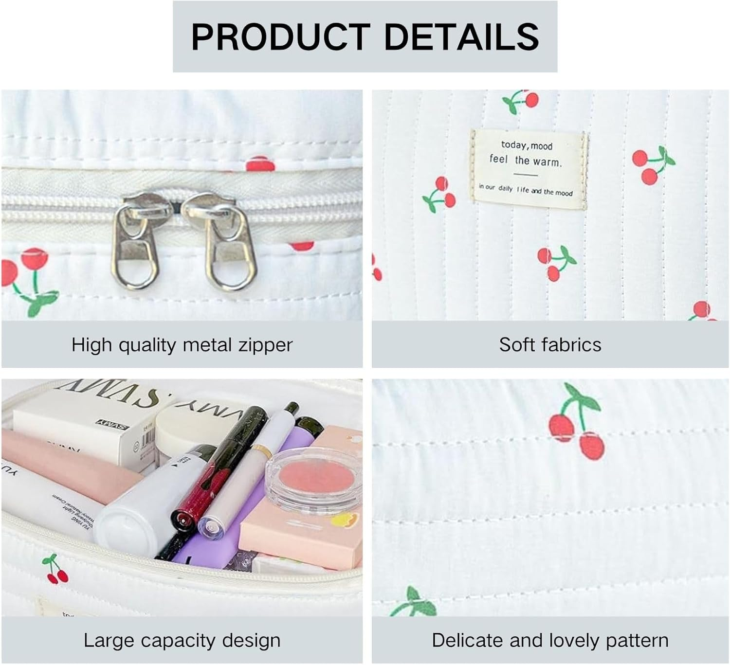 Poemtian 3Pcs Makeup Bag, Toiletry Bag, Cotton Quilted Makeup Bag Large Travel Cosmetic Bag, Cute Aesthetic Toiletry Bag for Women Girls image number 1