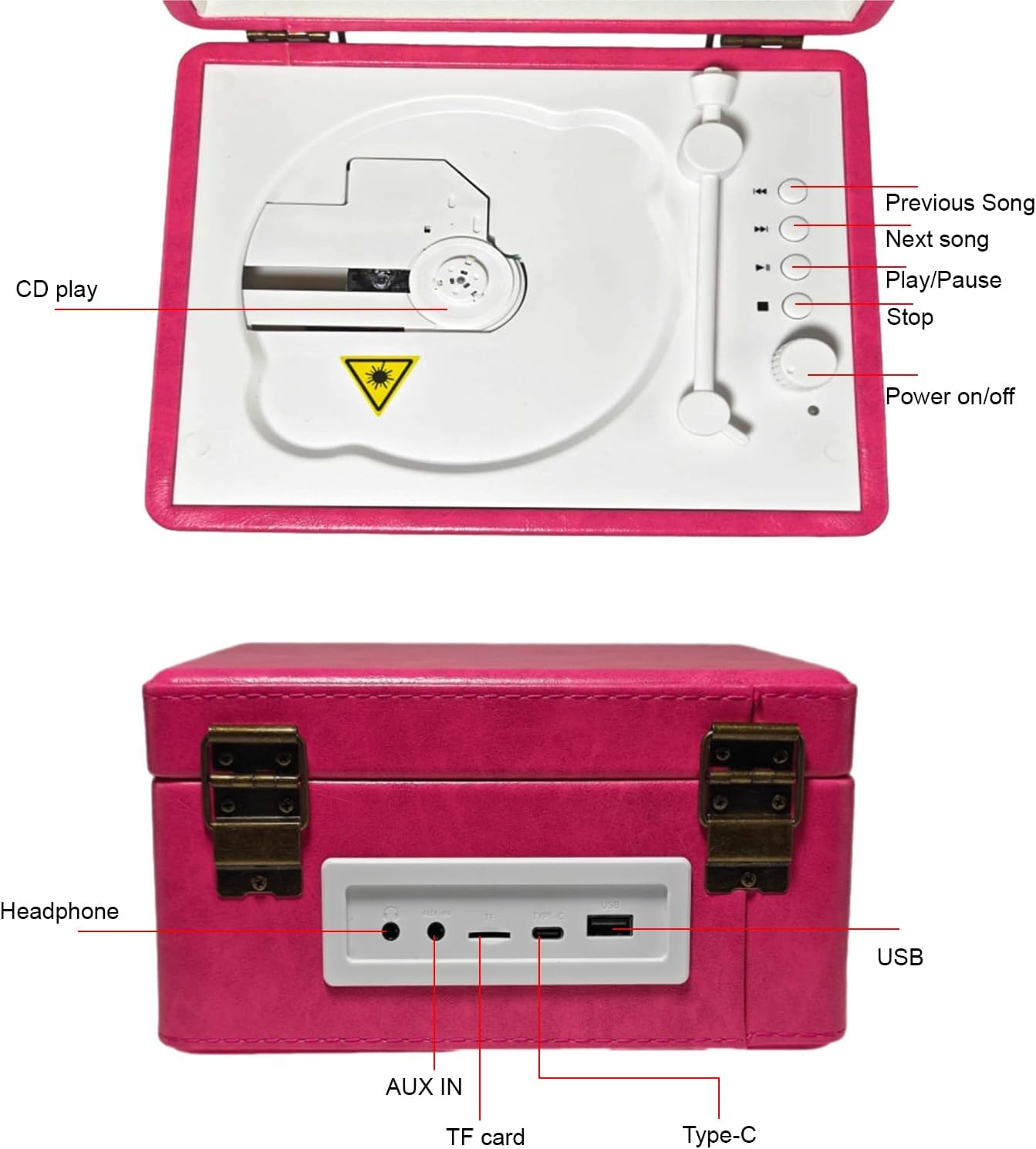 Portable Bluetooth Desktop CD Player 20.5 X 16.5 X 10Cm Hifi Sound Speakers for Use at Home, Car (Red Rose) image number 1