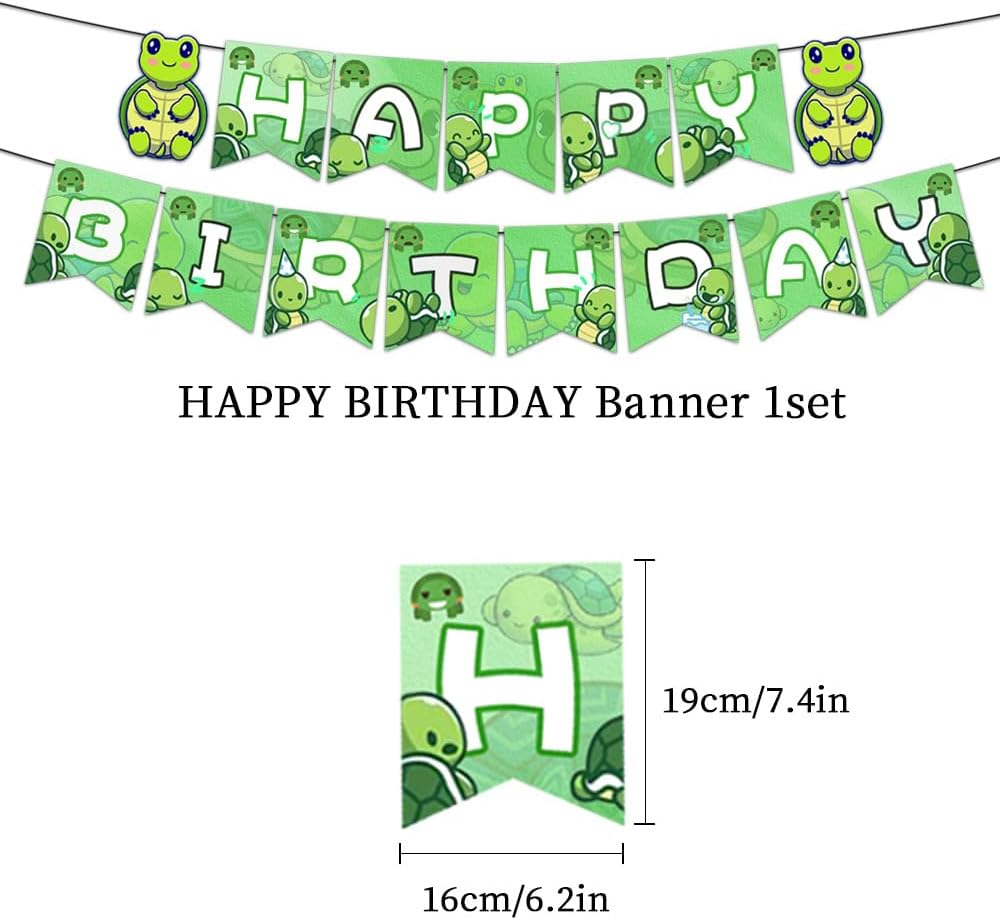 Turtle Birthday Party Decorations Set, Happy Birthday Banner, Balloons, Cake Topper, Cupcake Toppers, 32 Pieces, Green