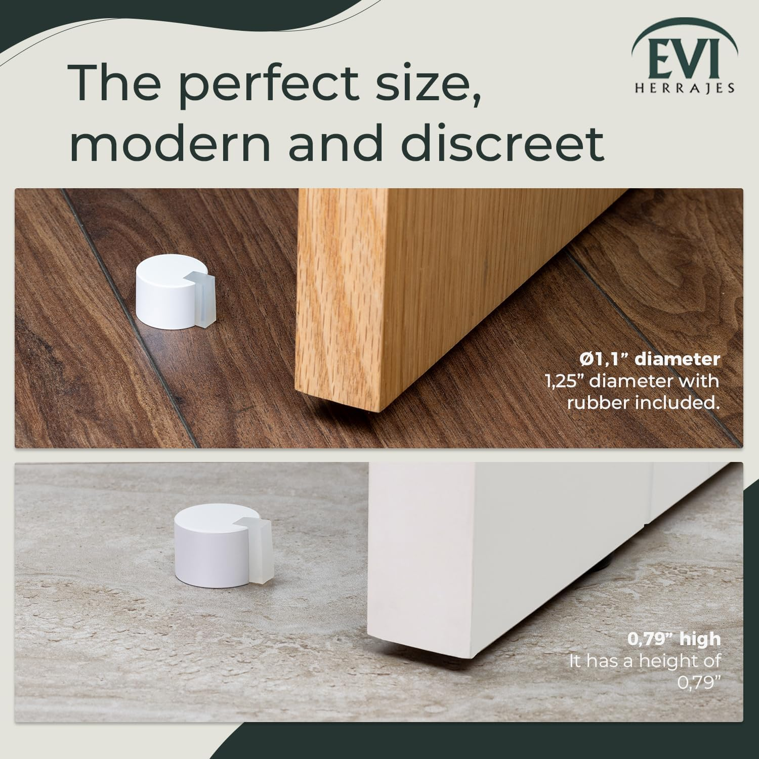 EVI Door Stoppers | Stainless Door Stop - Adhesive Fastening - Protector Rubber - 1.1 X 0.79 Inch White Door Stopper - Letaher Brass - White Rubber image number 6