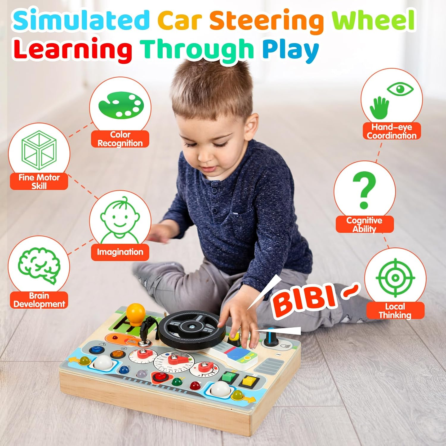 Montessori Busy Board for Toddler 1-3,Baby Wooden Toys with Light Switch & Car Driving Sounds,Early Sensory Activities,Fidget Board Travel Pack for 18 Months,1 2 3 Year Old Boys Girls Gifts
