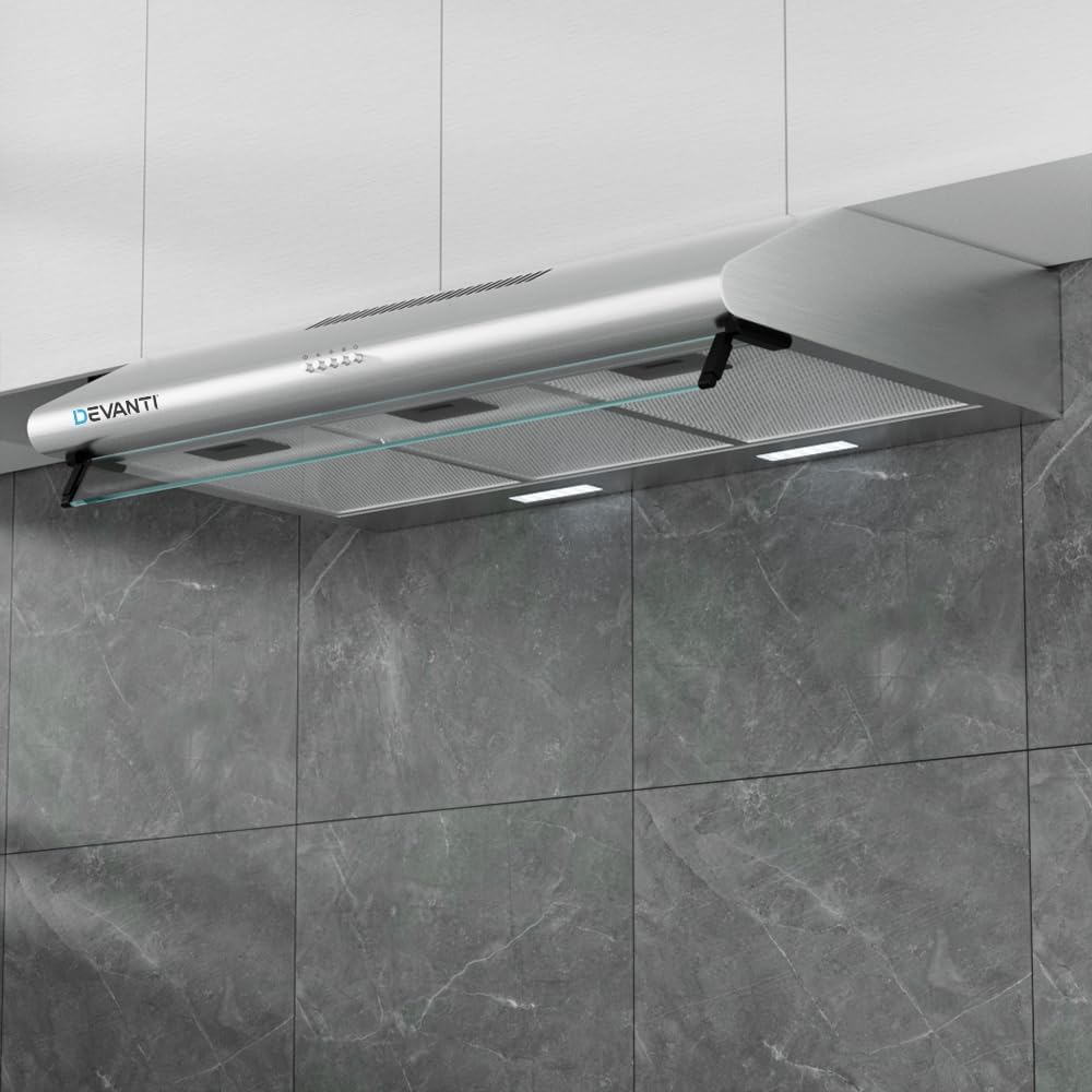 Devanti Range Hood 90Cm 900Mm Wall Mount Canopy, Stainless Steel Recirculating Duct Kitchen Ventilation, 3 Speed Exhaust Fan Aluminium Filters LED Lights Silver image number 6
