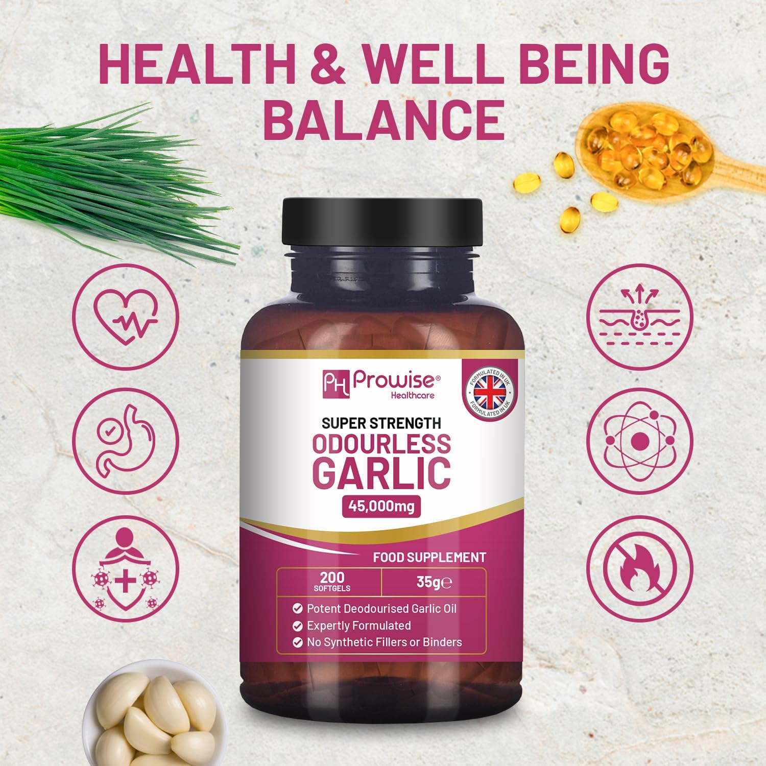 Premium Odourless Garlic Capsules | 45,000Mg per Softgel | 200 Softgels (Not Tablets) Super High Strength | Cold Pressed and Deodourised Premium Garlic Oil Extract from Allium Sativum | 200 Days&rsquo; Supply by Prowise image number 3