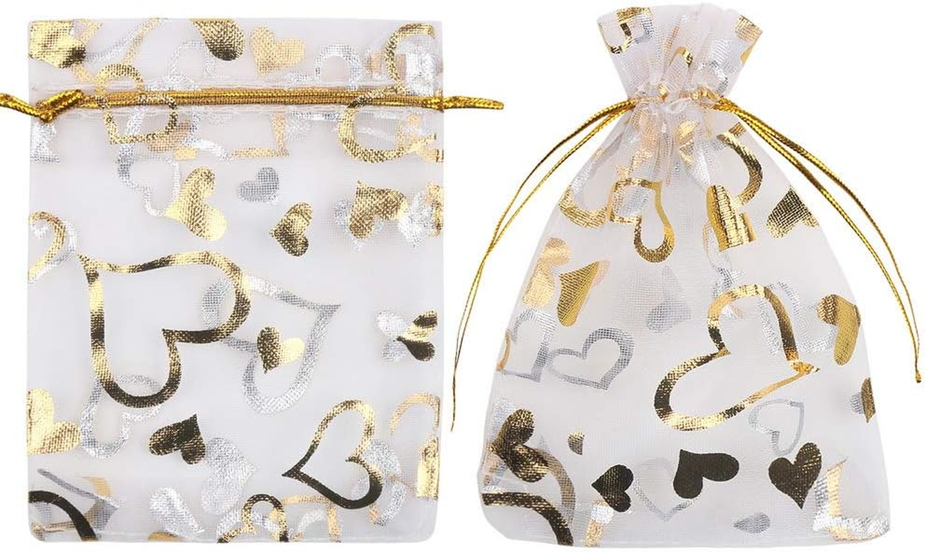 CCINEE 3.5X4.7 Inches Organza Bags Candy Gift Bags 100 Pieces (Gold Heart White Bag) image number 4