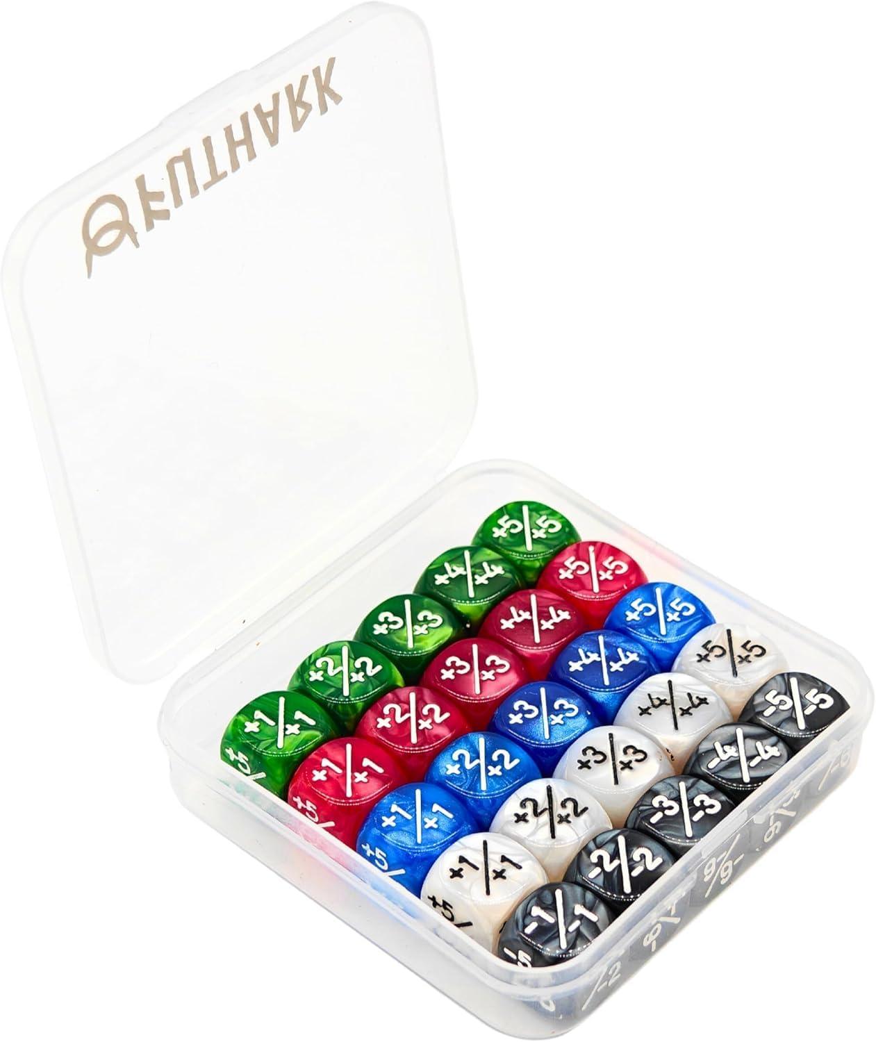Futhark MTG Counter Dice Set - 25 Compact Multicolored Acrylic Dice with Plus/Minus Counters - Easy to Carry & Easy to Read - Accessories for Magic: the Gathering image number 2