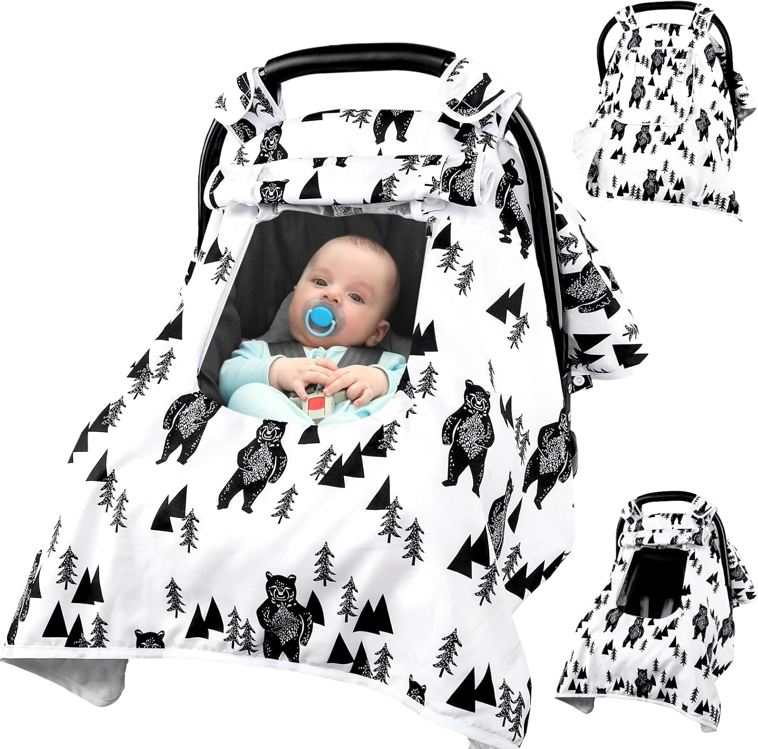 Baby Carseat Cover Boys, Newborn Car Seat Canopy, Minky Cozy & Warm Cover, Winter Carrier Cover with Peep Windows, Soft & Breathable, Bear Stuff