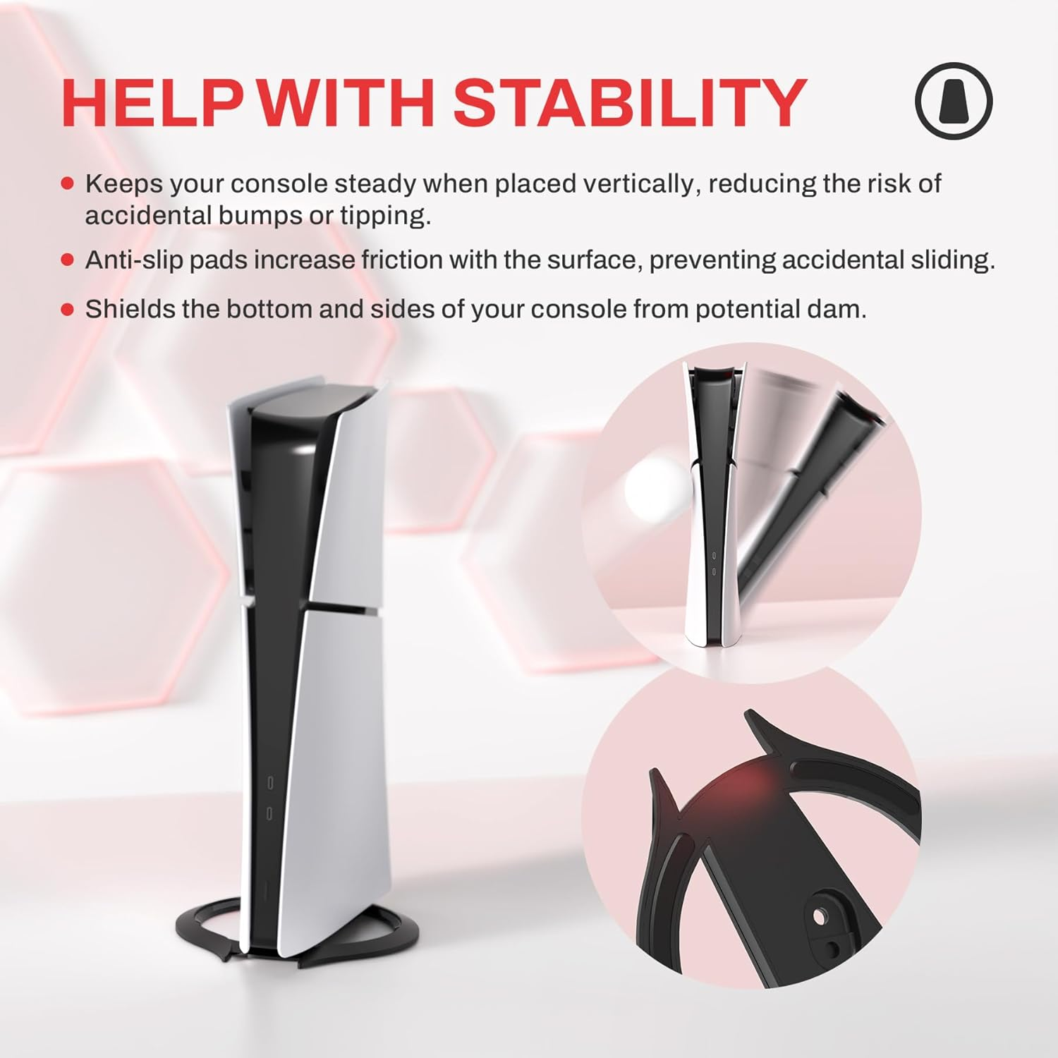 Playvital Vertical Stand for Ps5/Slim/Pro/Standard Console Disc & Digital, Space-Saving Holder Base Accessories for Ps5/Pro/Slim with Anti-Slip Pads, Enhanced Stability - Black - White image number 5