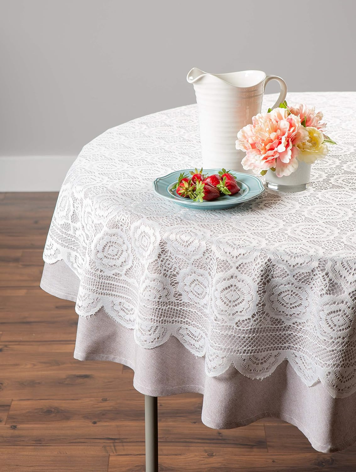 DII Home Essentials 100% Polyester, Machine Washable, Shabby Chic, Vintage Tablecloth or Overlay 63" Round, Floral Lace