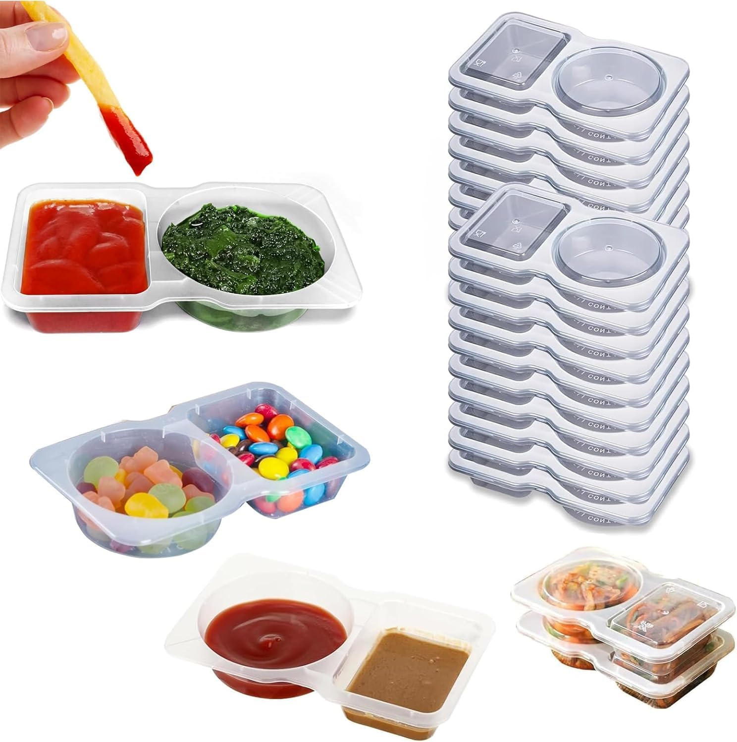 Reusable Snack Containers, 15PCS Snack Containers with 2 Compartments & Lids, Re-Usable Sauce Container, Double Compartment Container for Take-Out Condiments, To-Go Sauce, Sampling, Travel