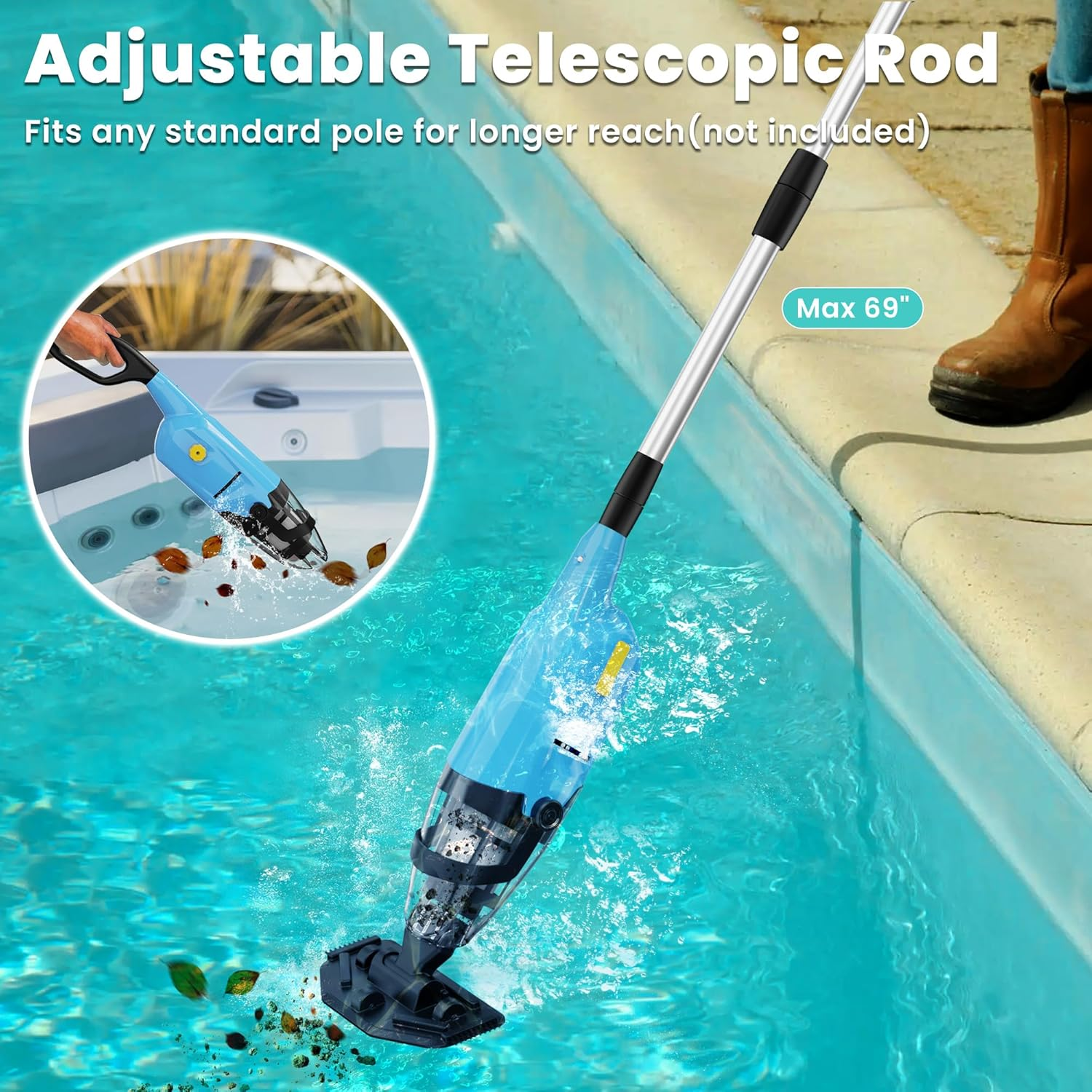 EFURDEN Pool Vacuum for above Ground Pool, Cordless Handheld Rechargeable Pool Cleaner with Running Time up to 90 Minutes for Sand and Debris, Ideal for In-Ground Pools, Spas, and Hot Tubs (Blue) - Blue image number 2