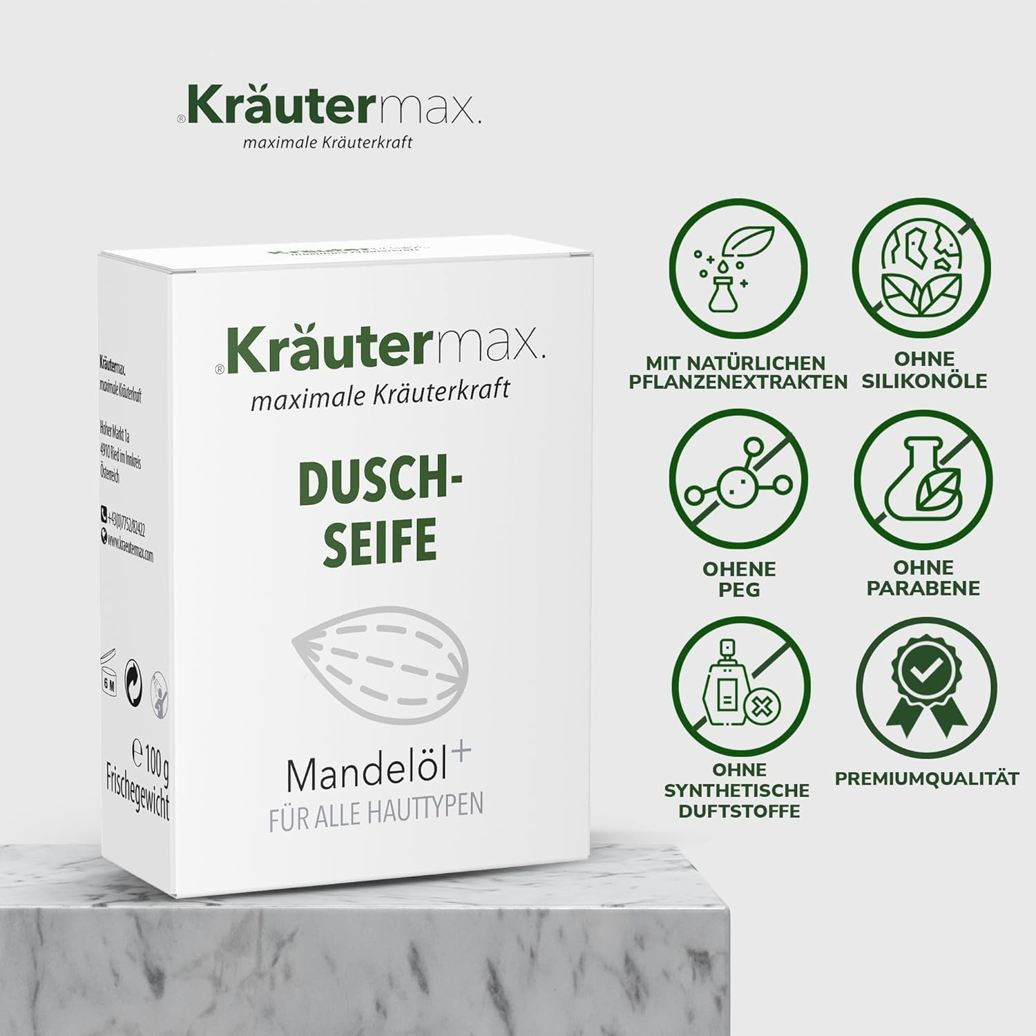 Kr&auml;utermax Almond Oil Soap Shower Soap for Men and Women - Solid Shower Gel Natural Cosmetics - Also as Solid Shampoo 2-In-1 - Natural Soap Piece 1 X 100 G