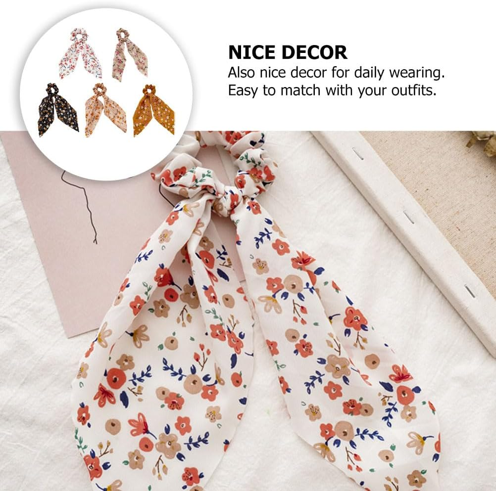 FOMIYES Pack of 5 Floral Satin Ribbon Hair Tie Fashion Scarves Ponytail Hair Band with Tail Flower Printed Hair Pompoms Ties