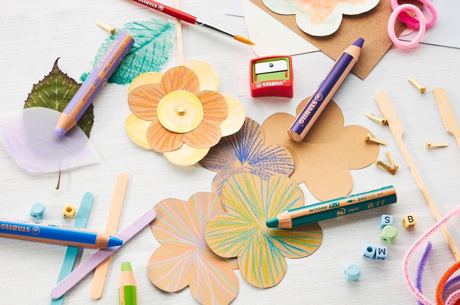 STABILO Multi-Talented Pencil Woody 3 in 1 - Pack of 18 - Assorted Colors with Sharpener and Paint Brush