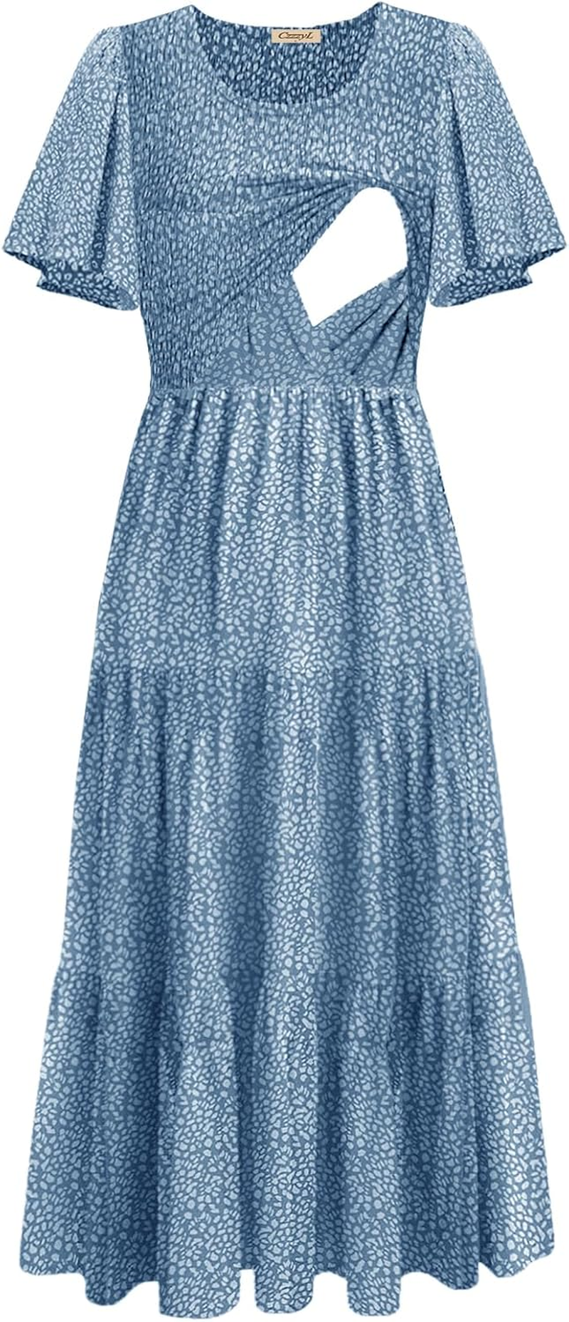 Womens Nursing Dress Summer Floral Print Short Flutter Sleeve Crew Neck Smocked High Waist Flowy Maxi with Pockets image number 3