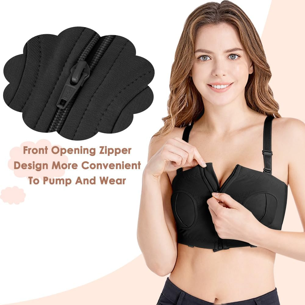 Autowt Hands Free Pumping Bra, Front Zipper Breast Pump Bra, Comfortable and Adjustable Hook&Loop Back Nursing Bra, for Most Breast Pumps