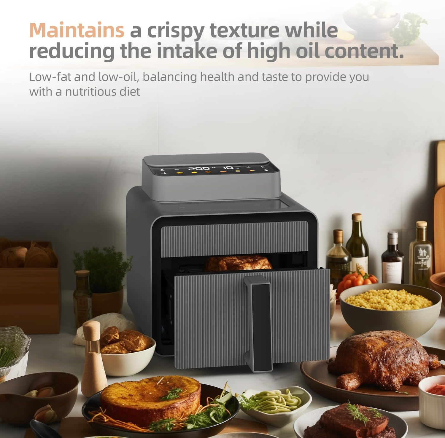 PAYISHO Air Fryer Oven 8L Capacity 10-In-1 with Viewing Window, Timer and Temp(60&deg;C-200&deg;C),Oil Free,Non-Stick, Bake, Roast, Grill,Reheat,1600W, Dishwasher Safe Basket,Gray image number 4