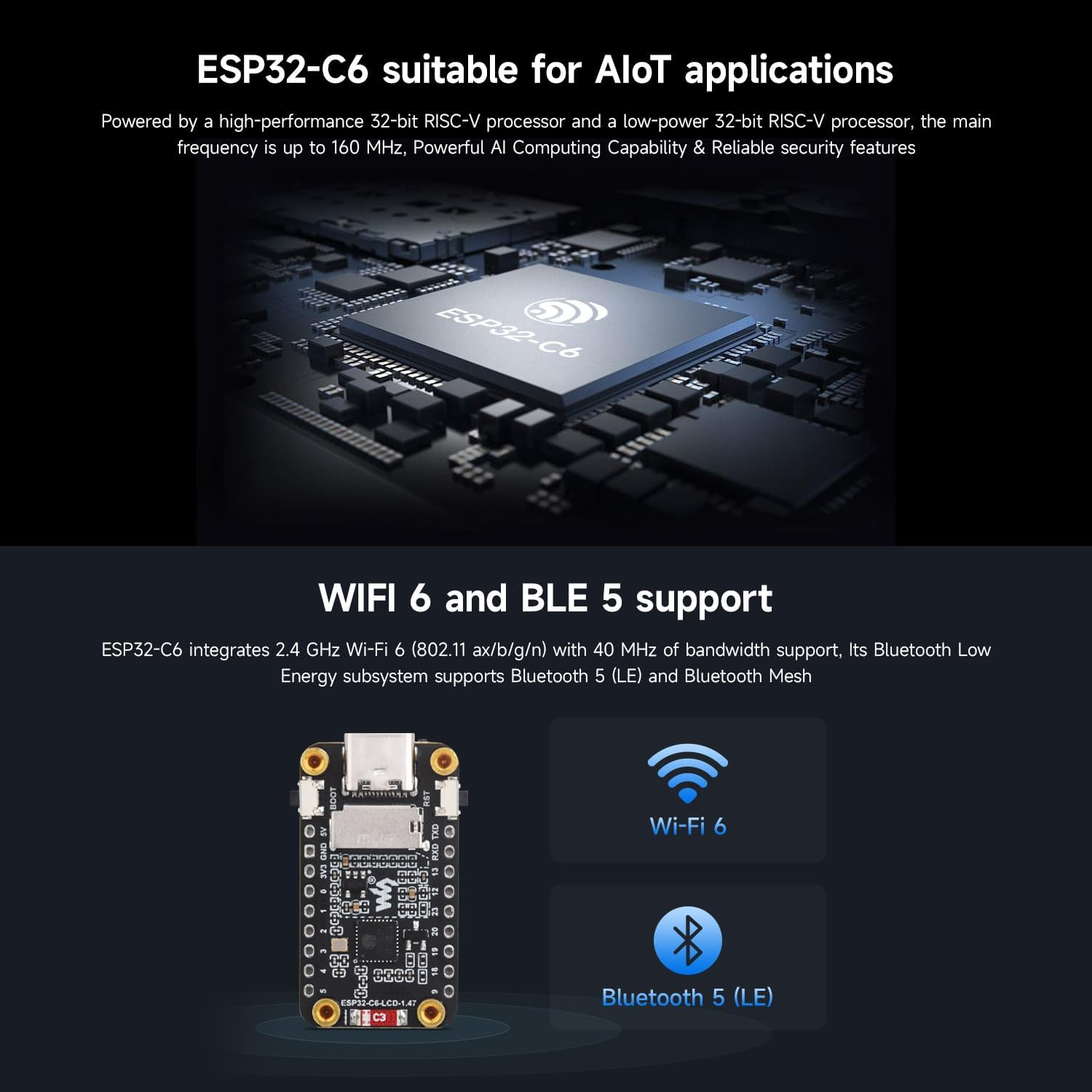 Waveshare ESP32-C6 1.47Inch Display Development Board, 172&times;320, 262K Color, 160Mhz Running Frequency Single-Core Processor, Supports W-F 6 & BLE, with Colorful RGB LED, ESP32 with Display image number 2