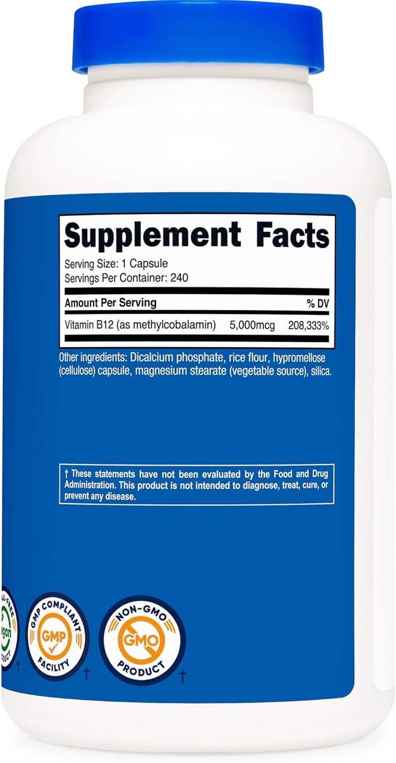 Nutricost Vitamin B12 (Methylcobalamin) 5000Mcg, 240 Capsules - Vegetarian, Non-Gmo & Gluten Free B12 Supplement image number 1