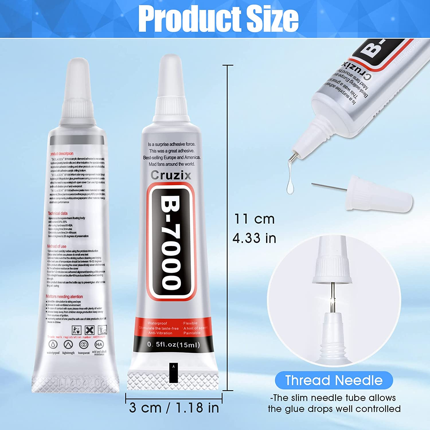 Cruzix B-7000 Glue Clear for Rhinestone Crafts, Jewelry and Bead Adhesive B7000 Semi Fluid High Viscosity Glues for Clothes Screen Repair Metal Stone Nail Art Glass (4X15 Ml/0.5 Oz) image number 2