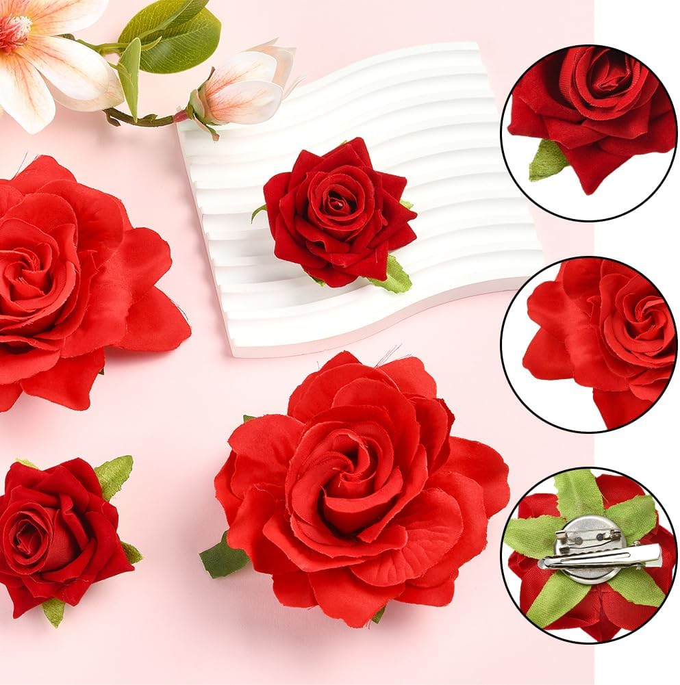 SOFPLATE Pack of 4 Red Rose Hair Clips Headdress Flowers Hair Clips Brooch 2 in 1 Fabric Flowers Hair Pins Accessories for Valentine'S Day Wedding Party Fancy Dress Accessories Women'S Hats Bags image number 4
